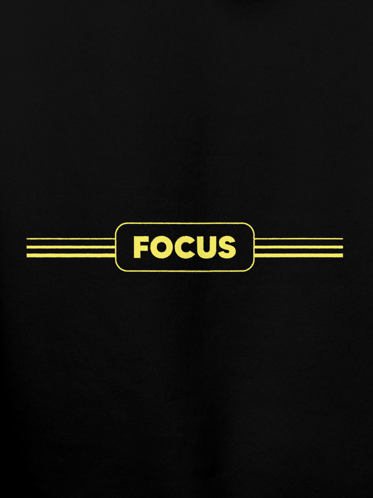 Close up of 'Focus' design on Men's Black Hoodie Sweatshirt, highlighting intricate details and vibrant print.