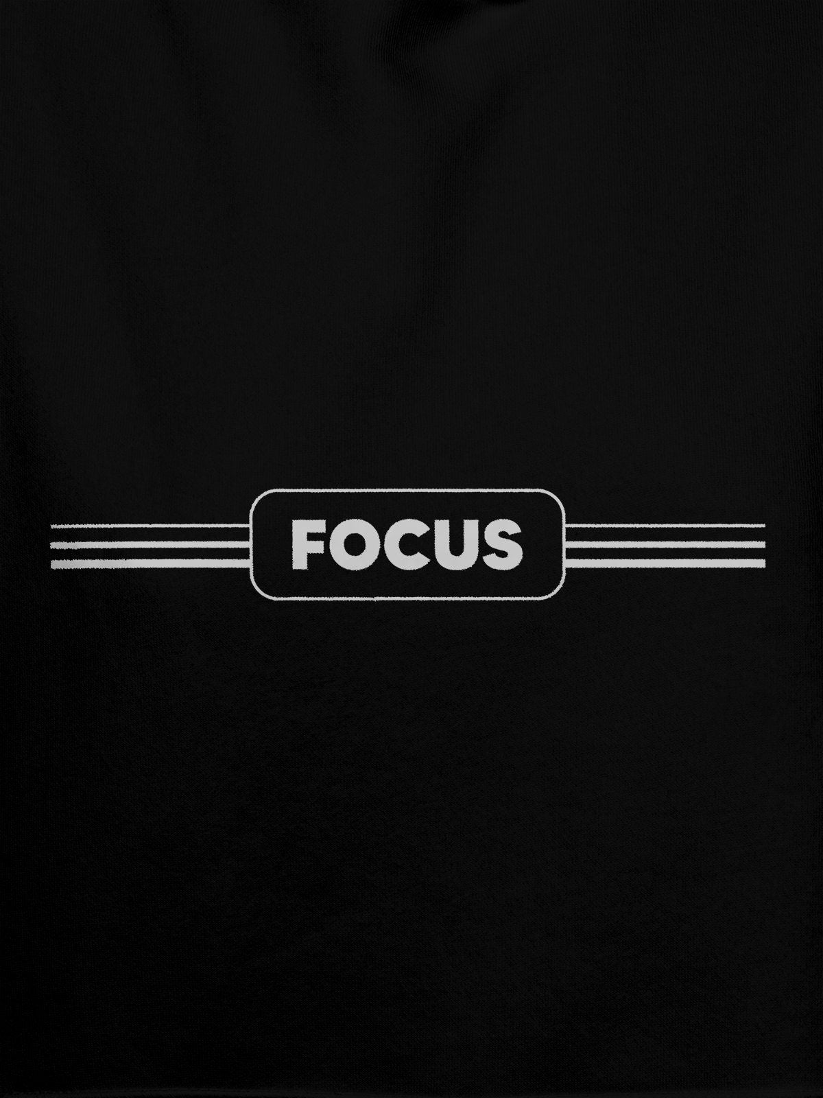 Close up of 'Focus' design on Women's Black Hoodie Sweatshirt, highlighting intricate details and vibrant print.