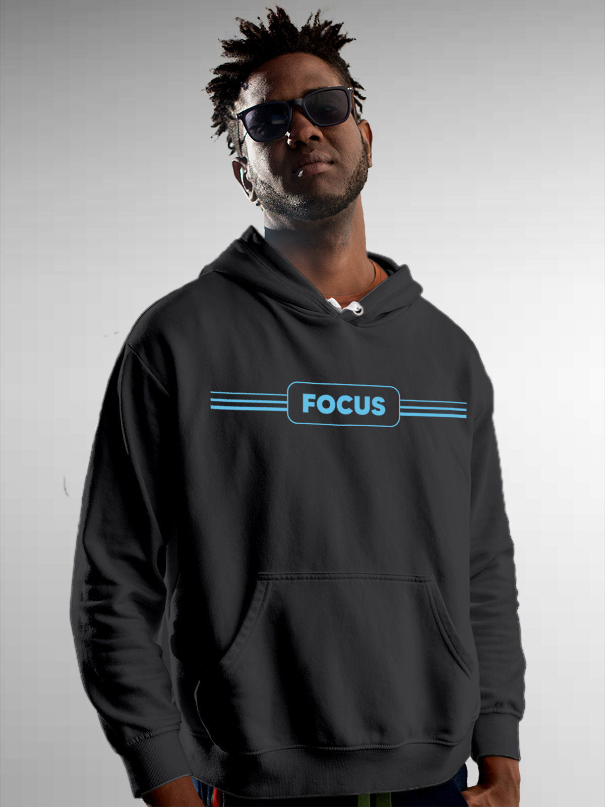 Model wearing Men's Dark Grey Hoodie Sweatshirt with 'Focus' design, offering effortless style and premium comfort
