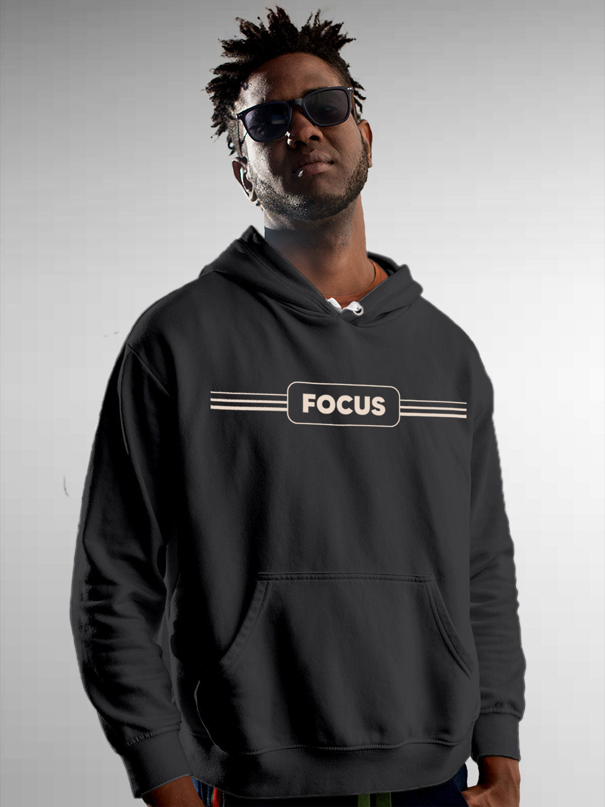 Model wearing Men's Dark Grey Hoodie Sweatshirt with 'Focus' design, offering effortless style and premium comfort