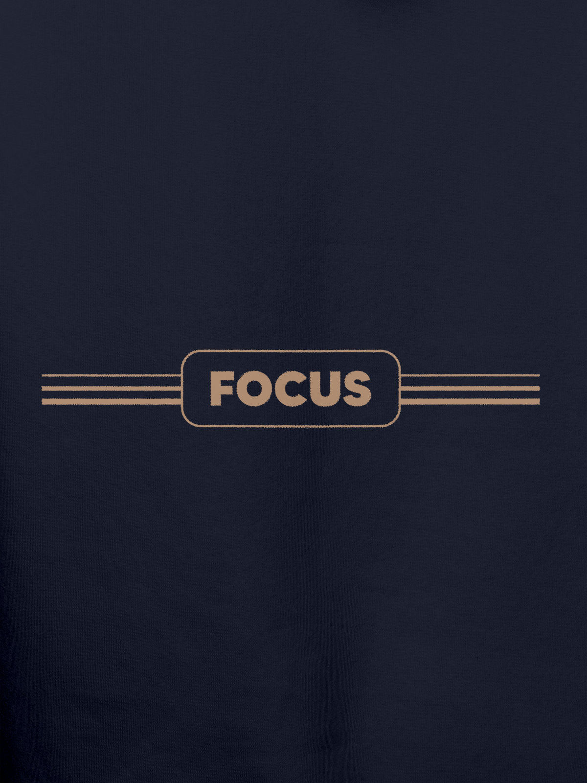 Close up of 'Focus' design on Men's Navy Blue Hoodie Sweatshirt, highlighting intricate details and vibrant print.