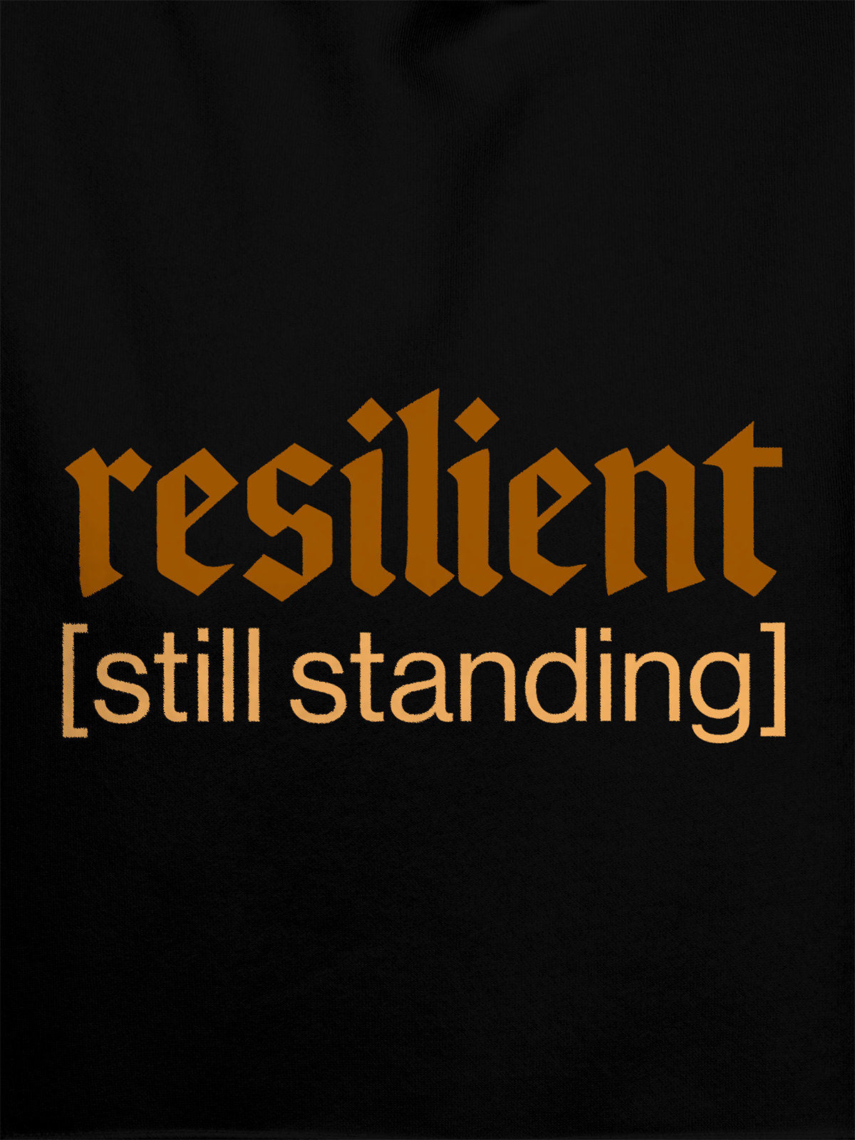 Close up of 'Resilient' design on Men's Black Hoodie Sweatshirt, highlighting intricate details and vibrant print.