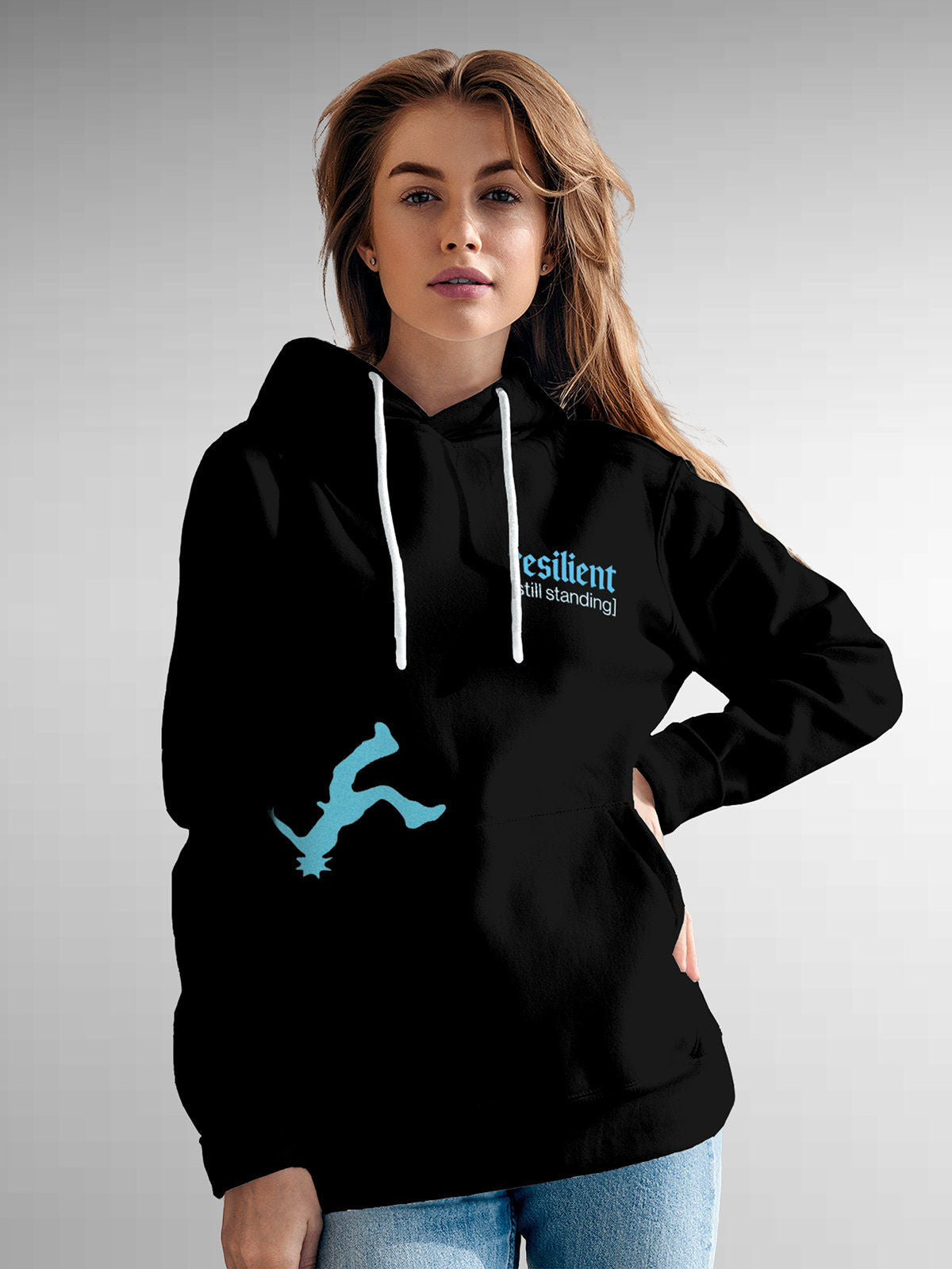 Model wearing Women's Black Hoodie Sweatshirt with 'Resilient' design, offering effortless style and premium comfort