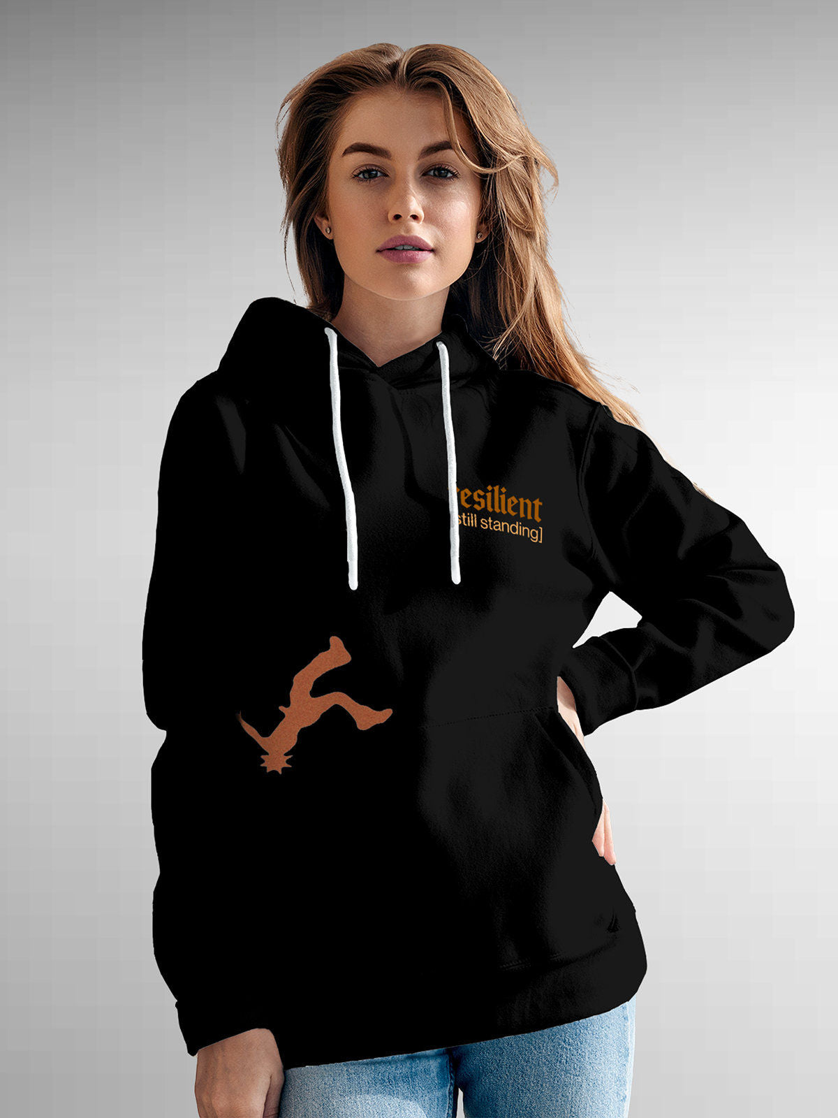 Model wearing Women's Black Hoodie Sweatshirt with 'Resilient' design, offering effortless style and premium comfort