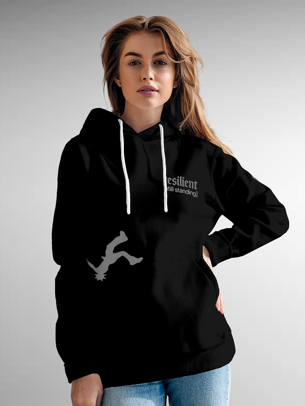 Model wearing Women's Black Hoodie Sweatshirt with 'Resilient' design, offering effortless style and premium comfort