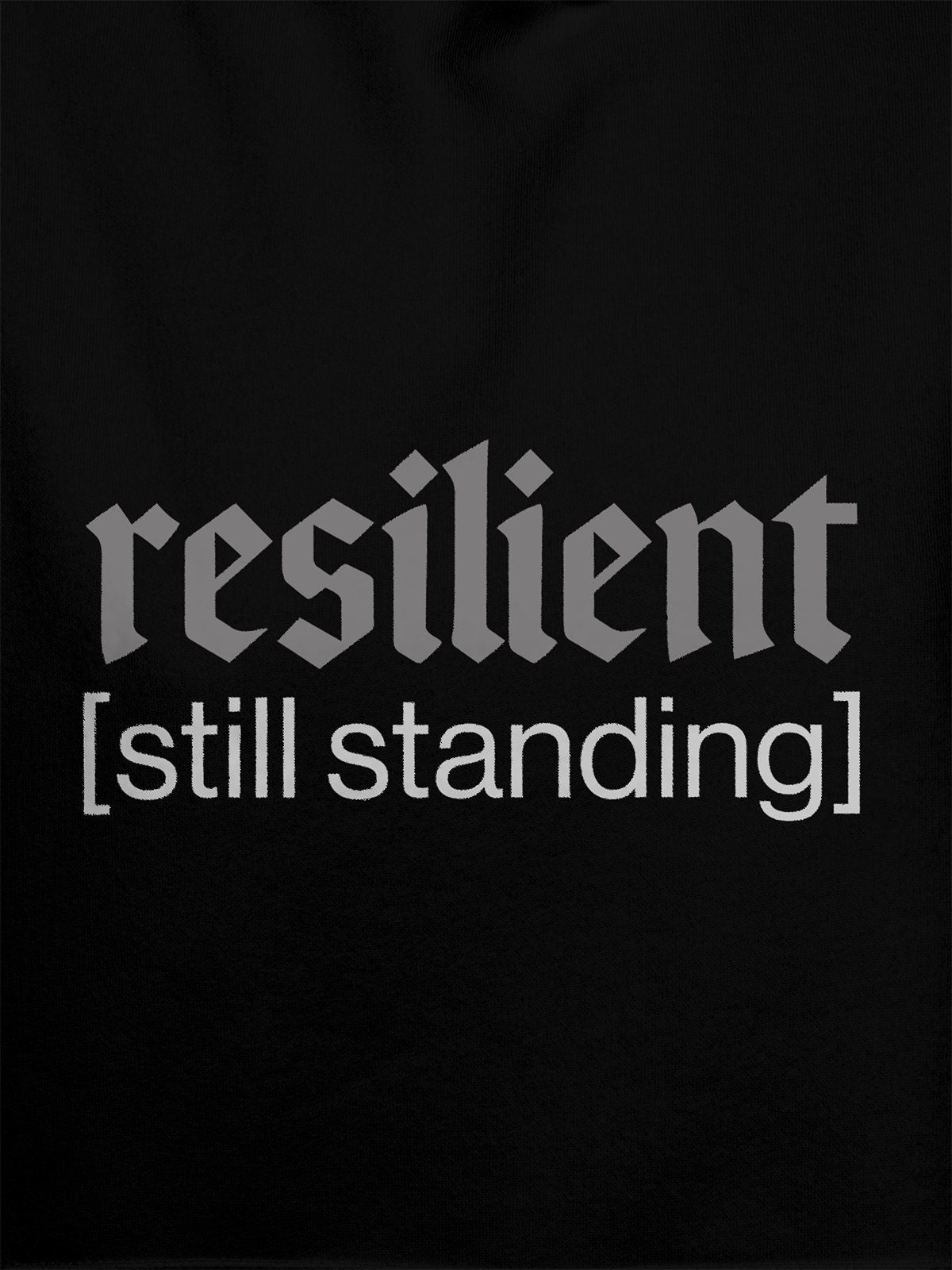Close up of 'Resilient' design on Women's Black Hoodie Sweatshirt, highlighting intricate details and vibrant print.