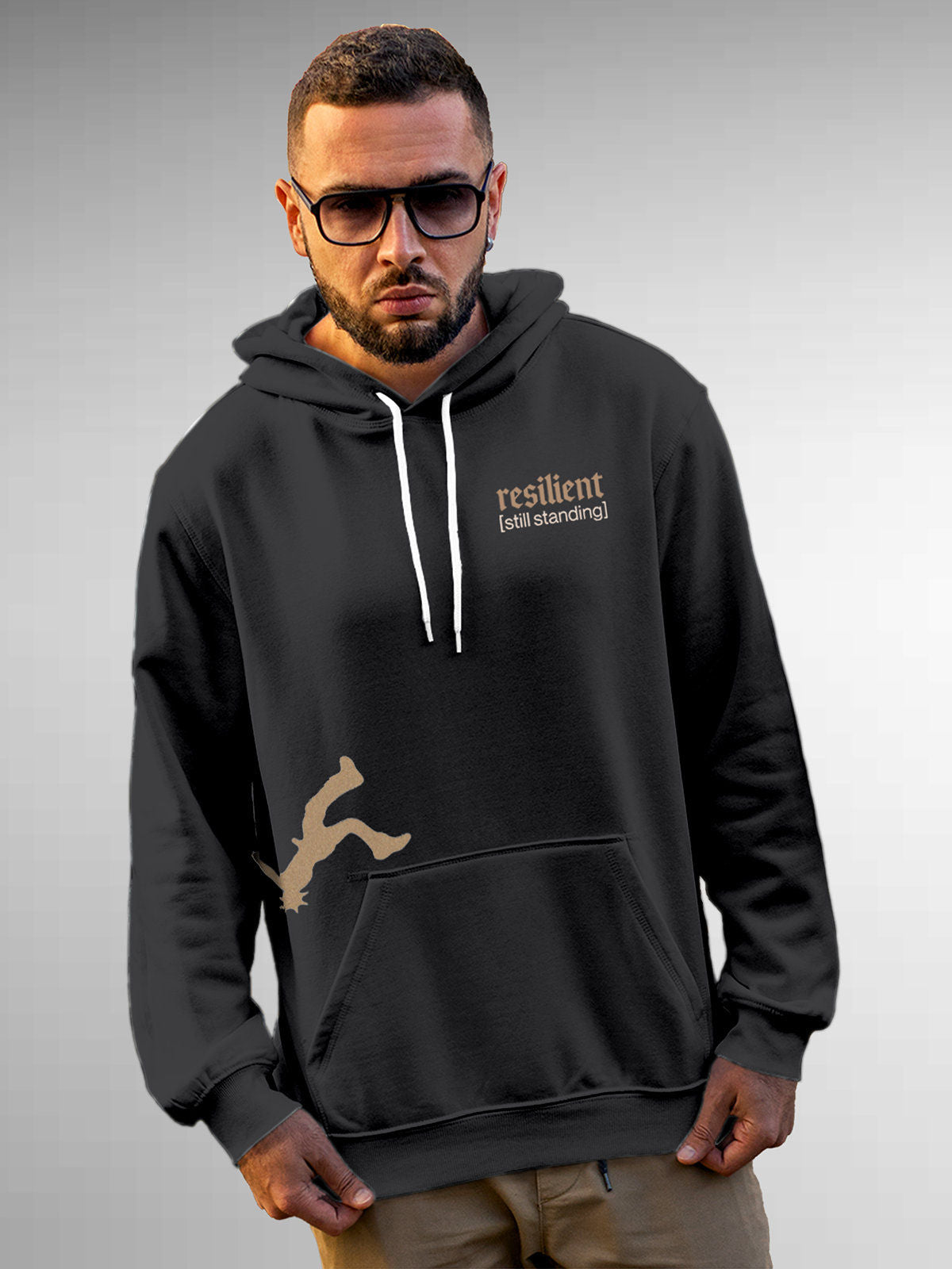 Model wearing Men's Dark Grey Hoodie Sweatshirt with 'Resilient' design, offering effortless style and premium comfort