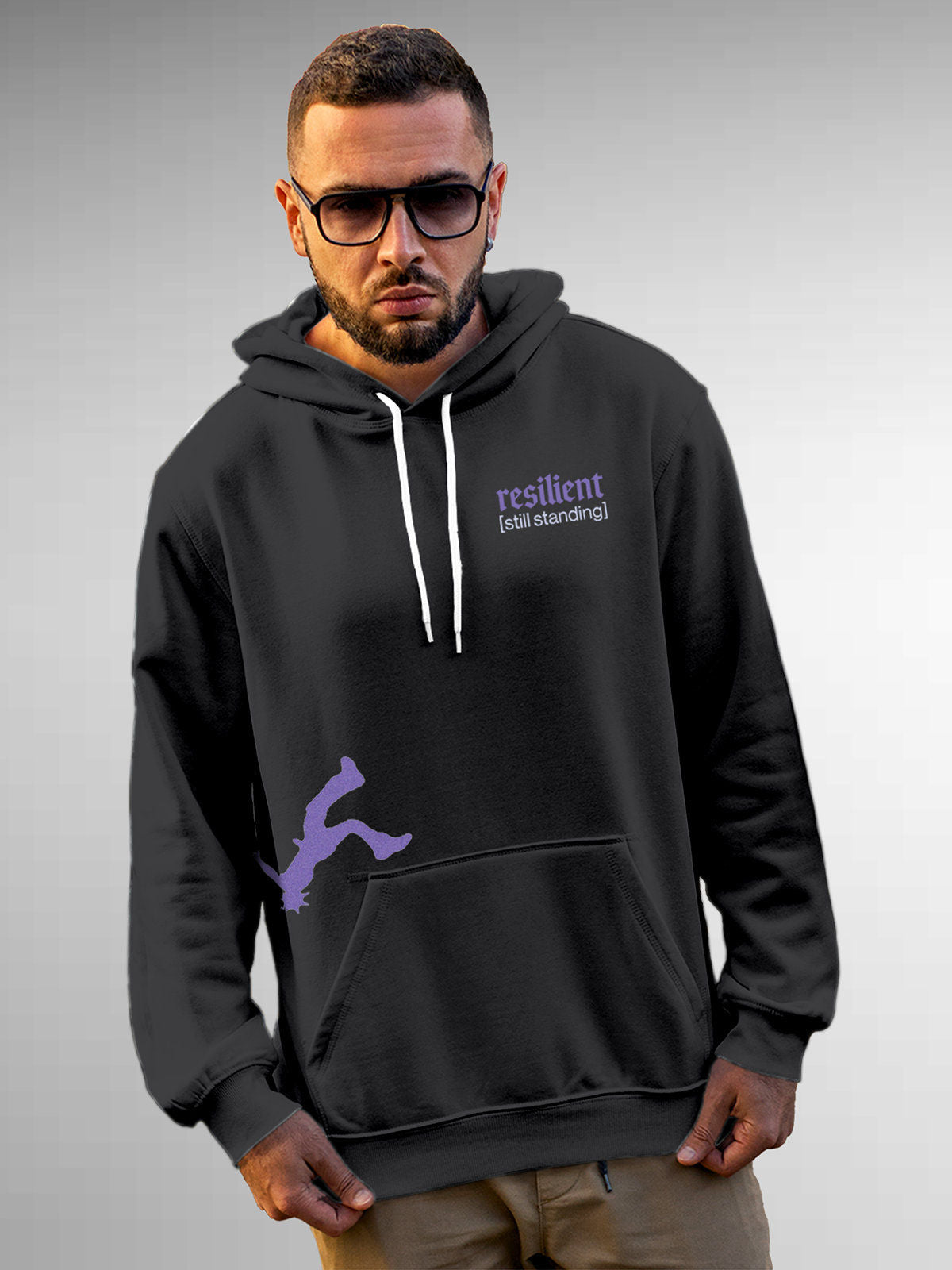 Model wearing Men's Dark Grey Hoodie Sweatshirt with 'Resilient' design, offering effortless style and premium comfort