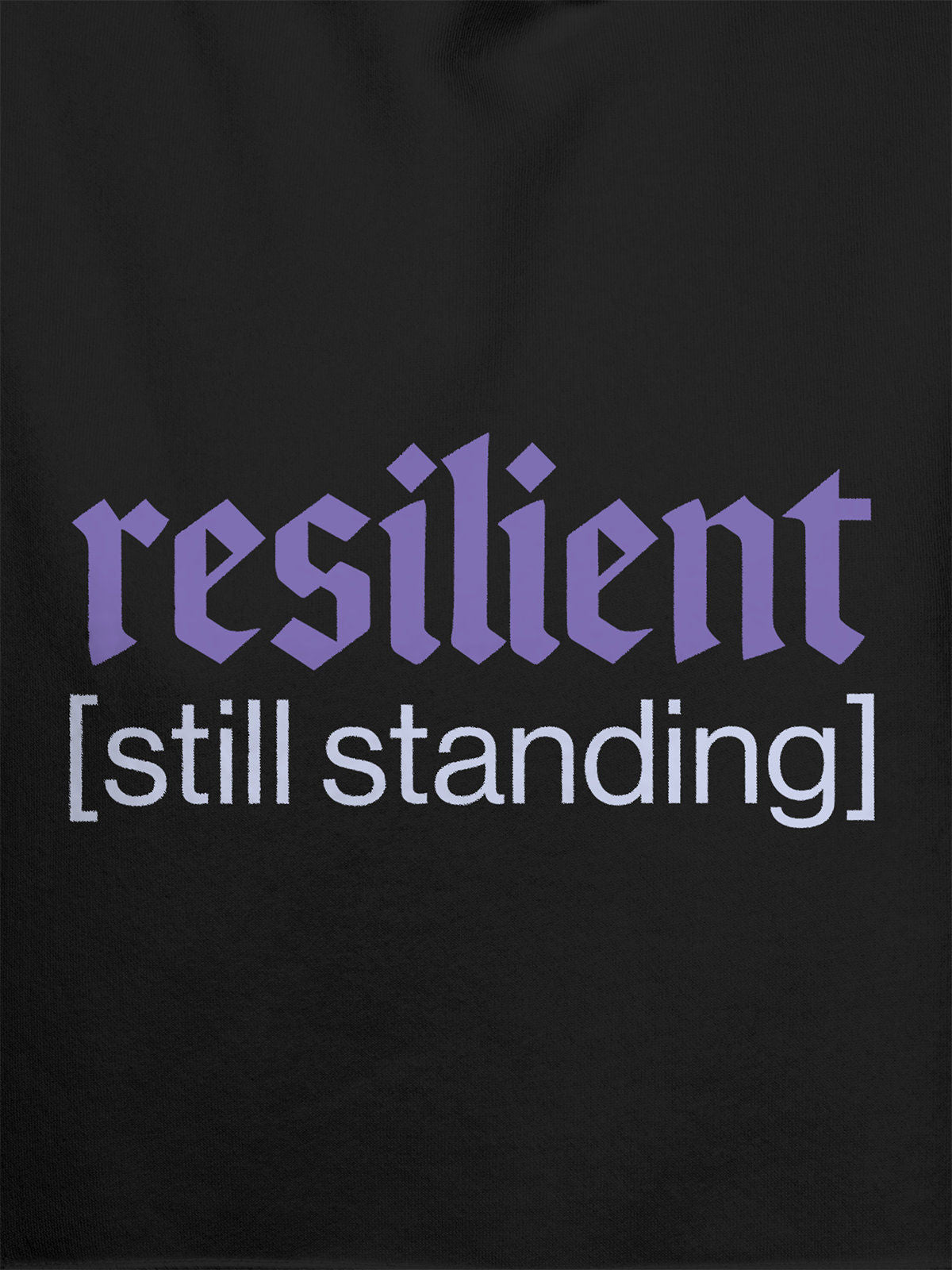 Close up of 'Resilient' design on Men's Dark Grey Hoodie Sweatshirt, highlighting intricate details and vibrant print.