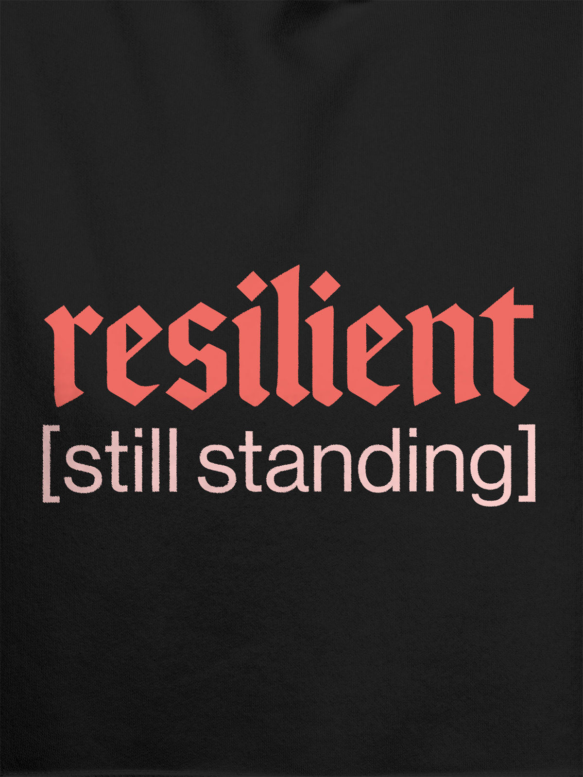 Close up of 'Resilient' design on Men's Dark Grey Hoodie Sweatshirt, highlighting intricate details and vibrant print.