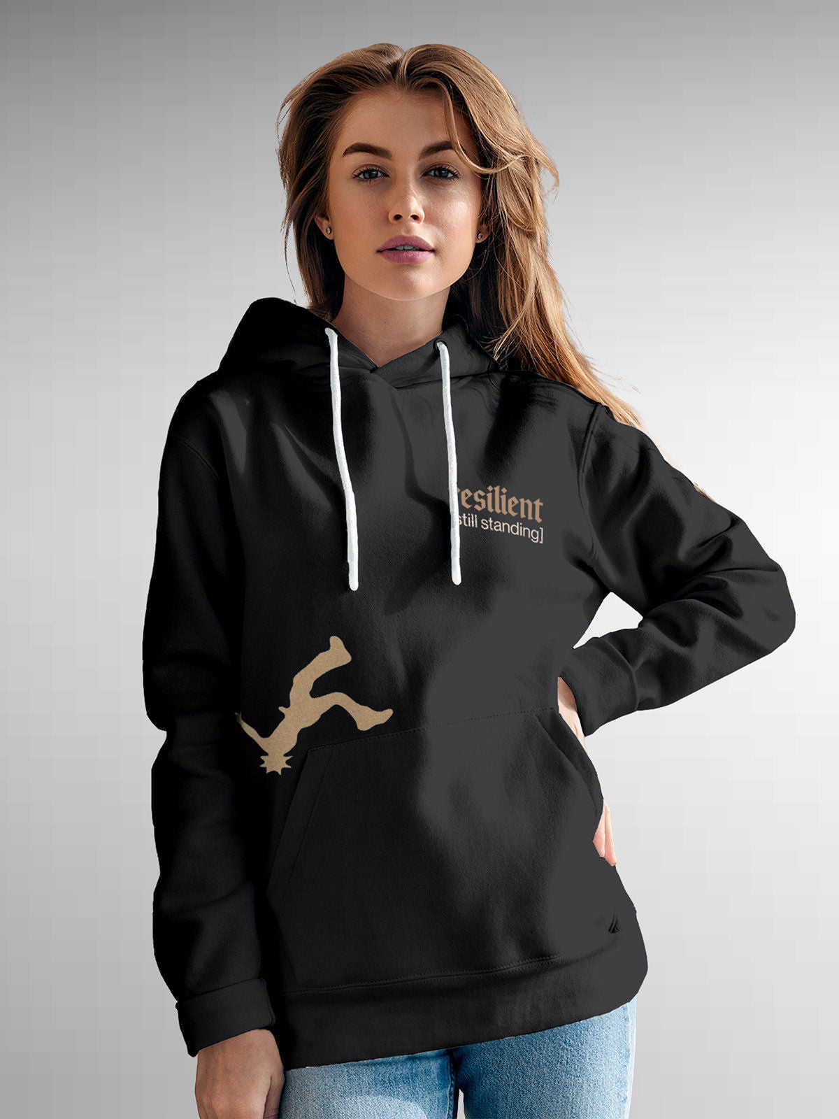 Model wearing Women's Dark Grey Hoodie Sweatshirt with 'Resilient' design, offering effortless style and premium comfort