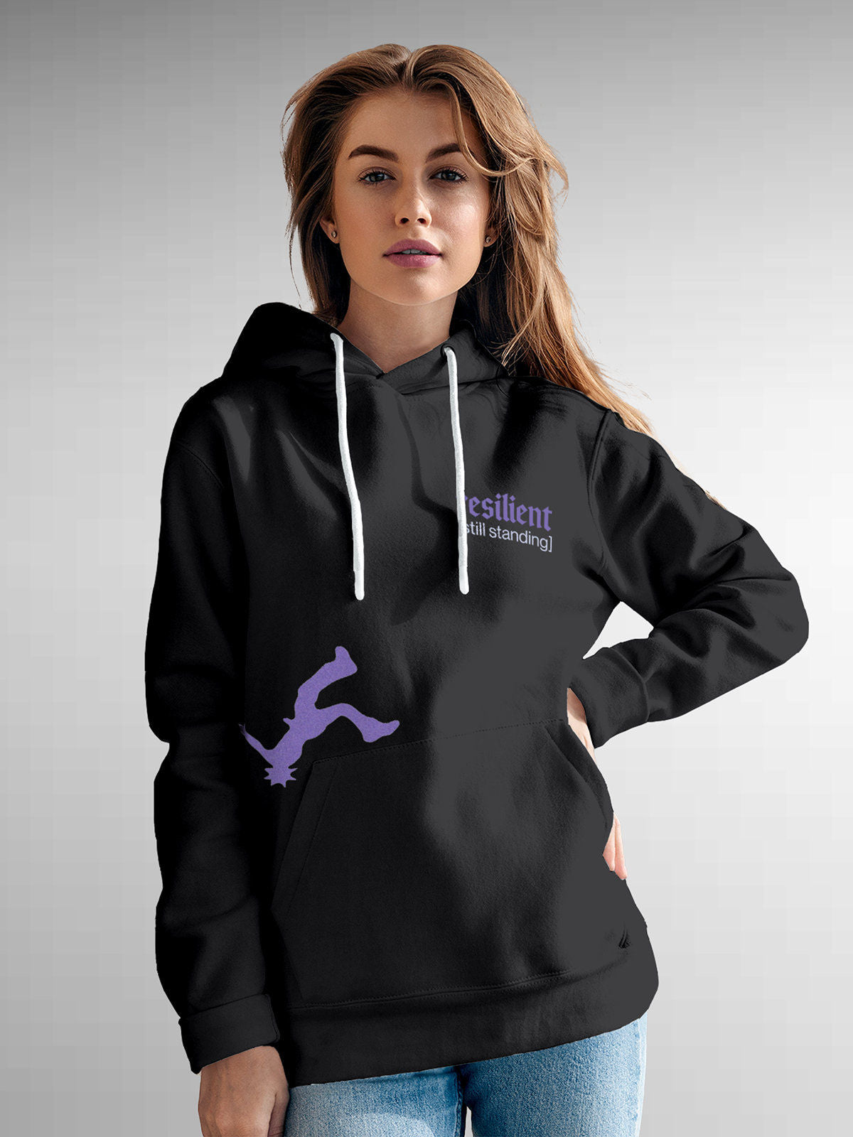 Model wearing Women's Dark Grey Hoodie Sweatshirt with 'Resilient' design, offering effortless style and premium comfort