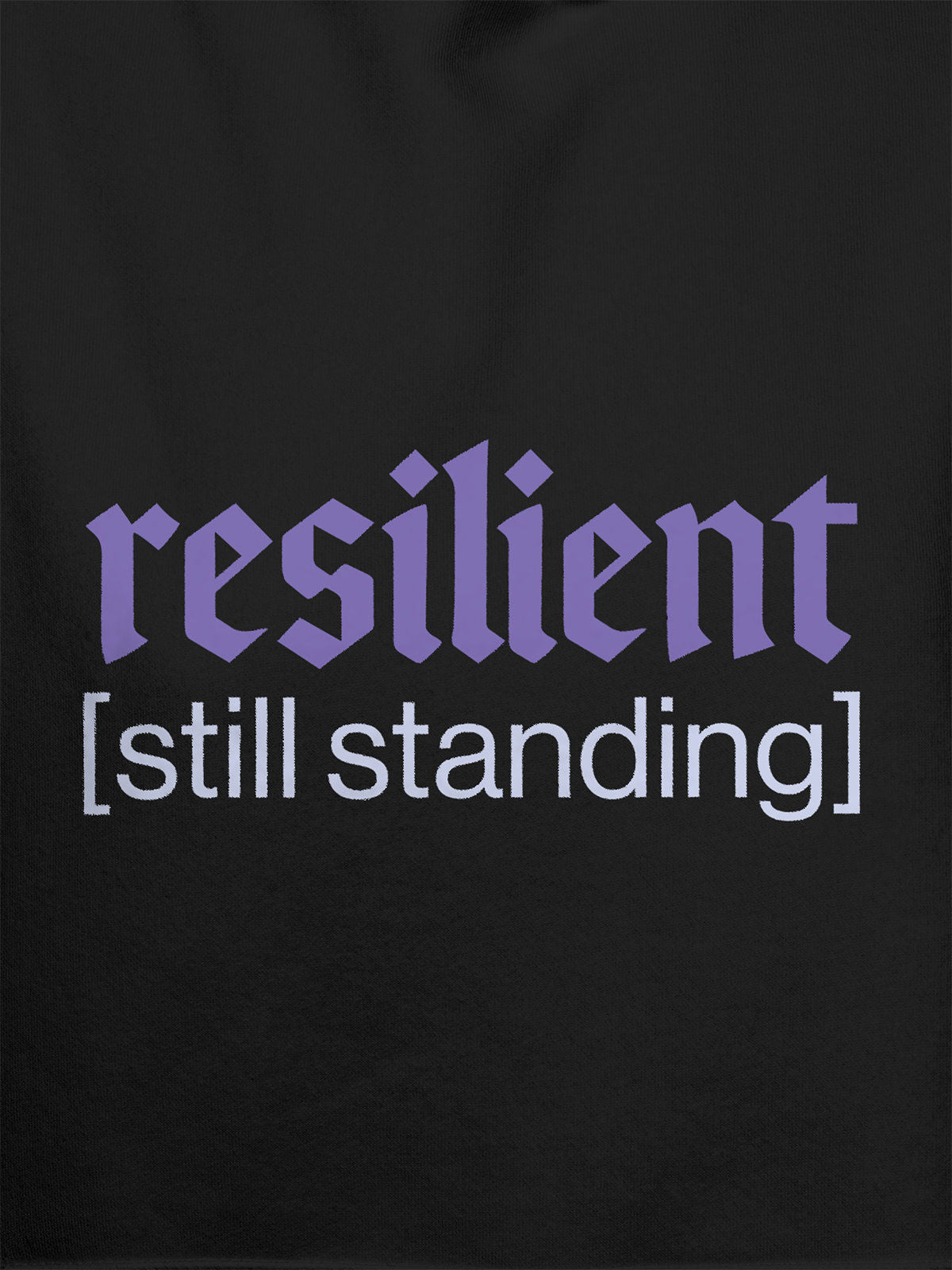 Close up of 'Resilient' design on Women's Dark Grey Hoodie Sweatshirt, highlighting intricate details and vibrant print.