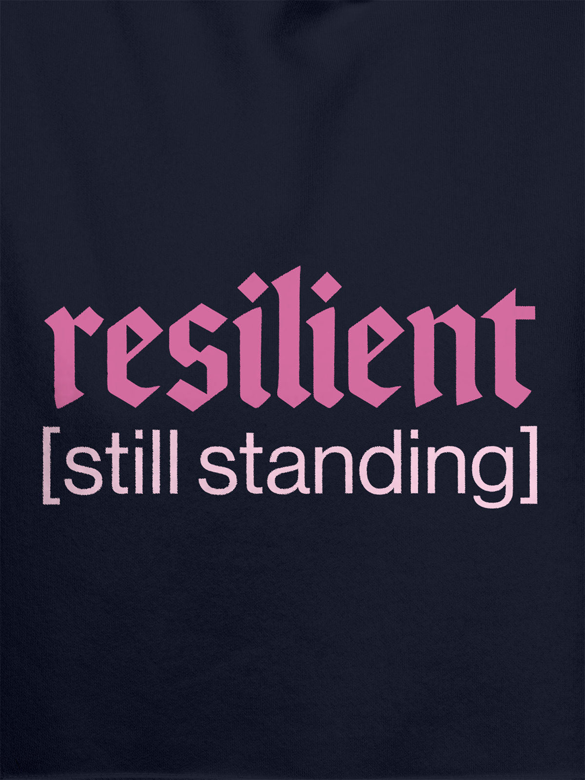Close up of 'Resilient' design on Men's Navy Blue Hoodie Sweatshirt, highlighting intricate details and vibrant print.
