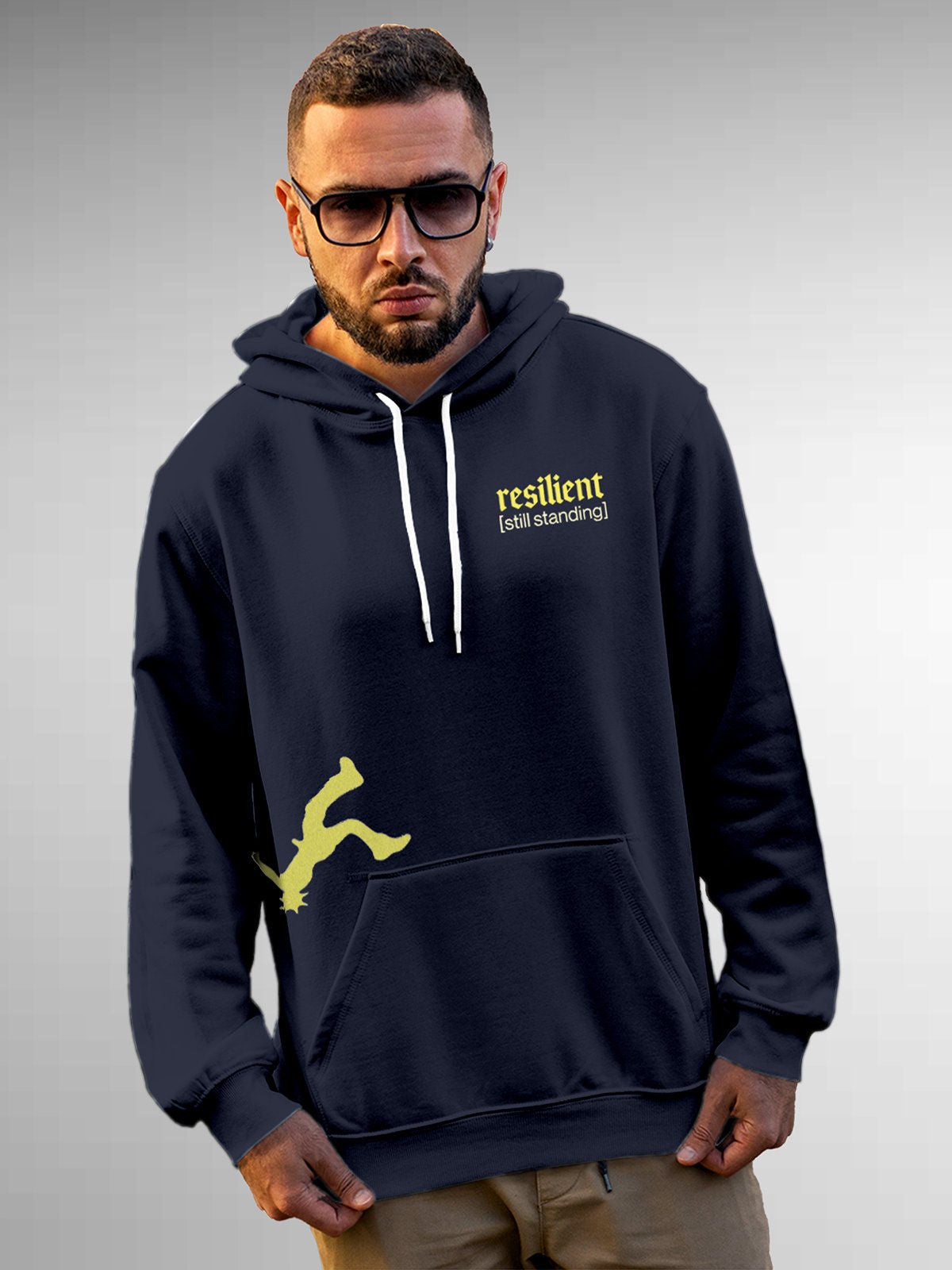 Model wearing Men's Navy Blue Hoodie Sweatshirt with 'Resilient' design, offering effortless style and premium comfort