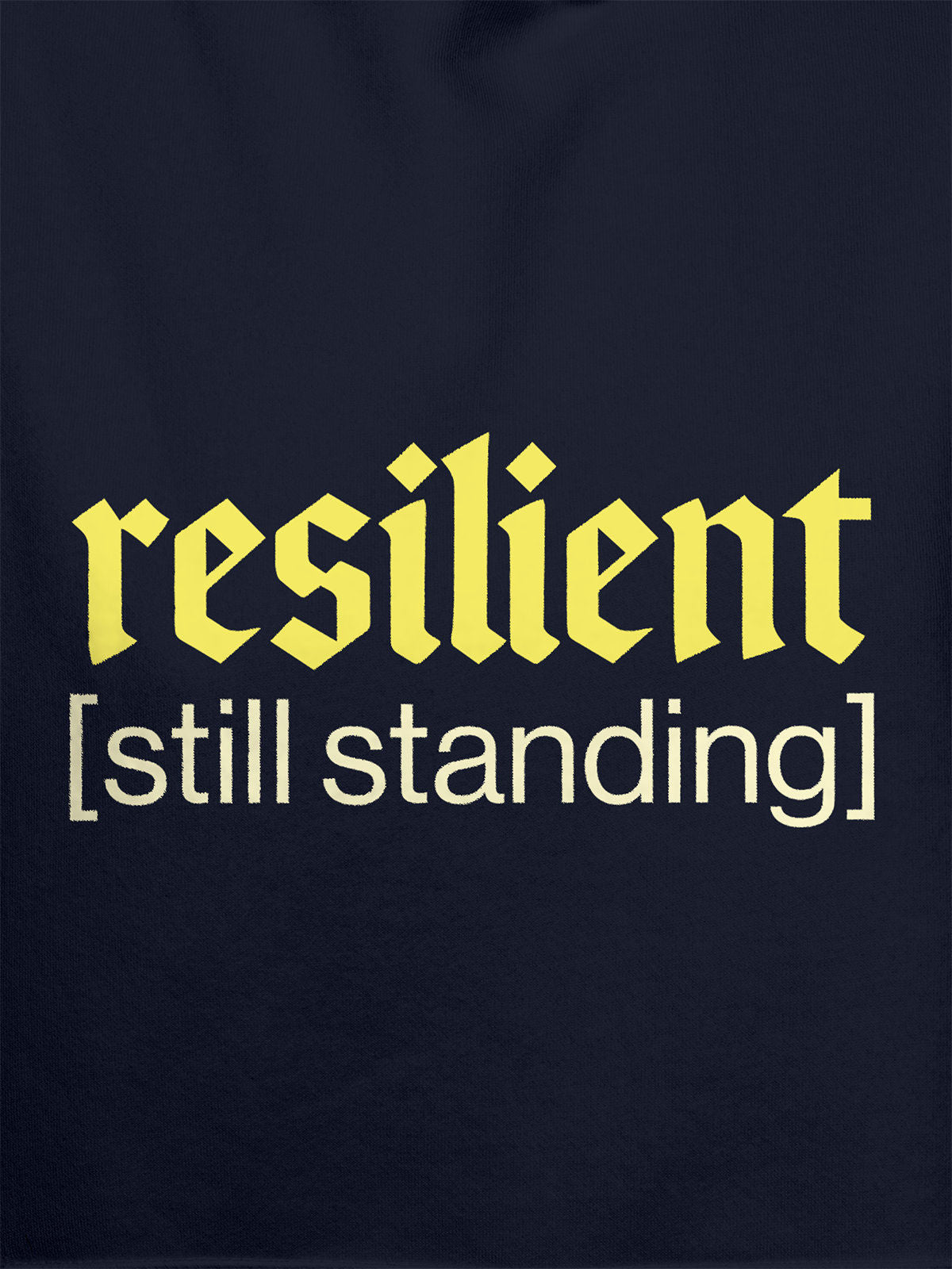 Close up of 'Resilient' design on Men's Navy Blue Hoodie Sweatshirt, highlighting intricate details and vibrant print.