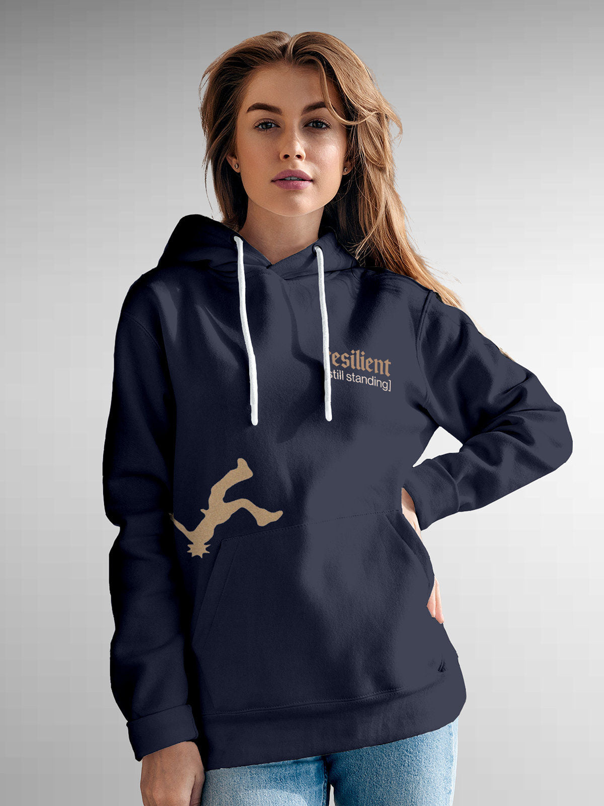 Model wearing Women's Navy Blue Hoodie Sweatshirt with 'Resilient' design, offering effortless style and premium comfort