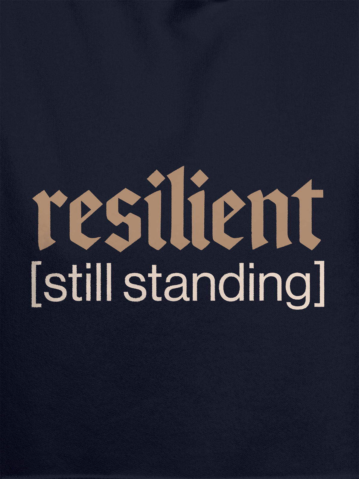 Close up of 'Resilient' design on Women's Navy Blue Hoodie Sweatshirt, highlighting intricate details and vibrant print.