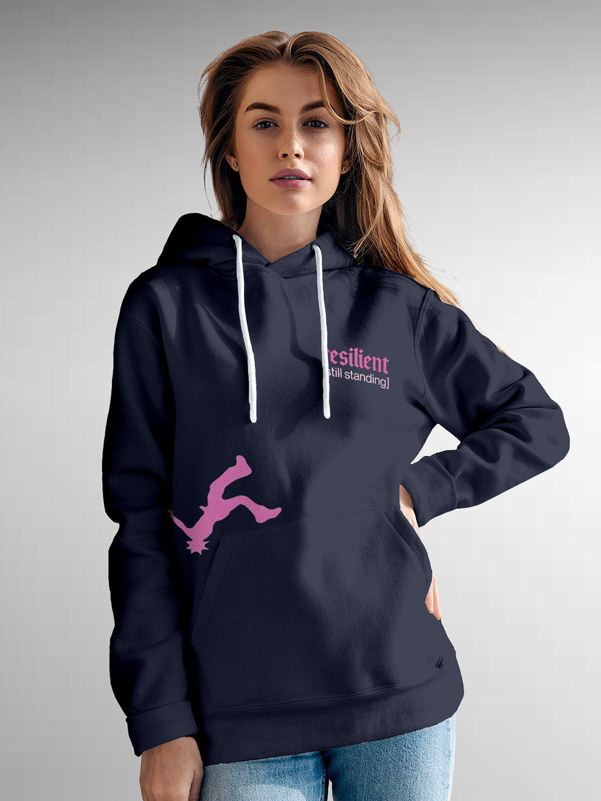Model wearing Women's Navy Blue Hoodie Sweatshirt with 'Resilient' design, offering effortless style and premium comfort