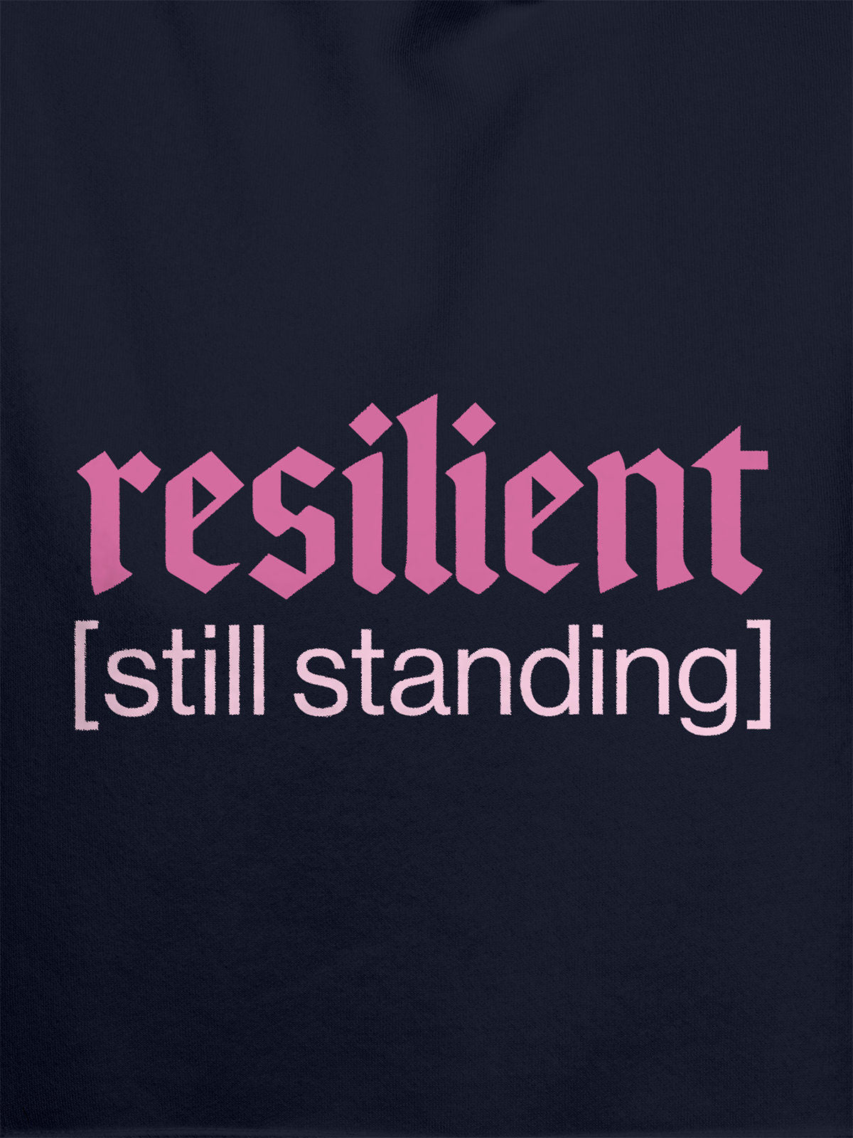 Close up of 'Resilient' design on Women's Navy Blue Hoodie Sweatshirt, highlighting intricate details and vibrant print.