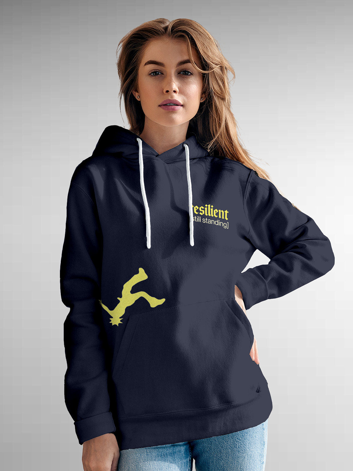 Model wearing Women's Navy Blue Hoodie Sweatshirt with 'Resilient' design, offering effortless style and premium comfort