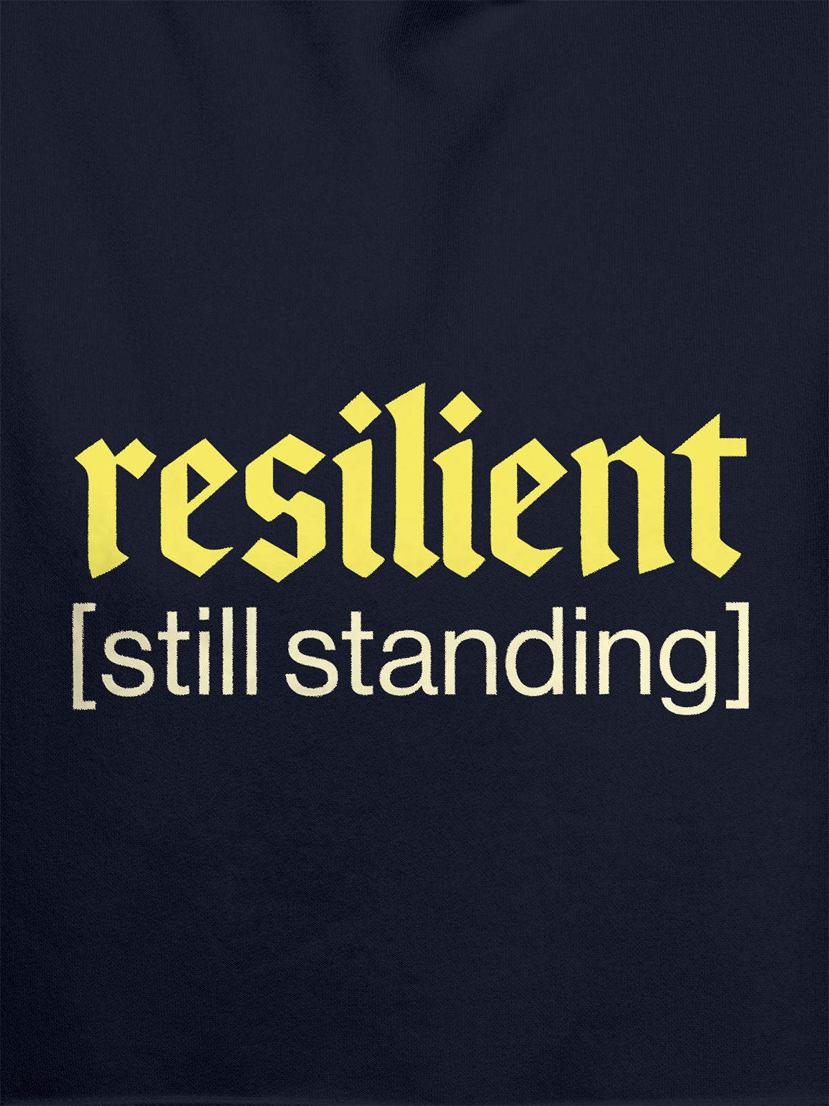 Close up of 'Resilient' design on Women's Navy Blue Hoodie Sweatshirt, highlighting intricate details and vibrant print.