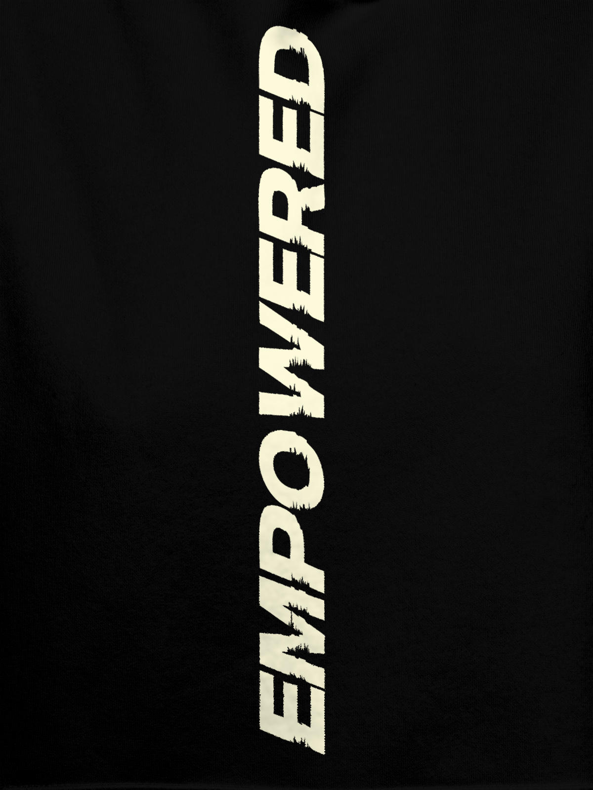 Close up of 'Empowered' design on Men's Black Hoodie Sweatshirt, highlighting intricate details and vibrant print.
