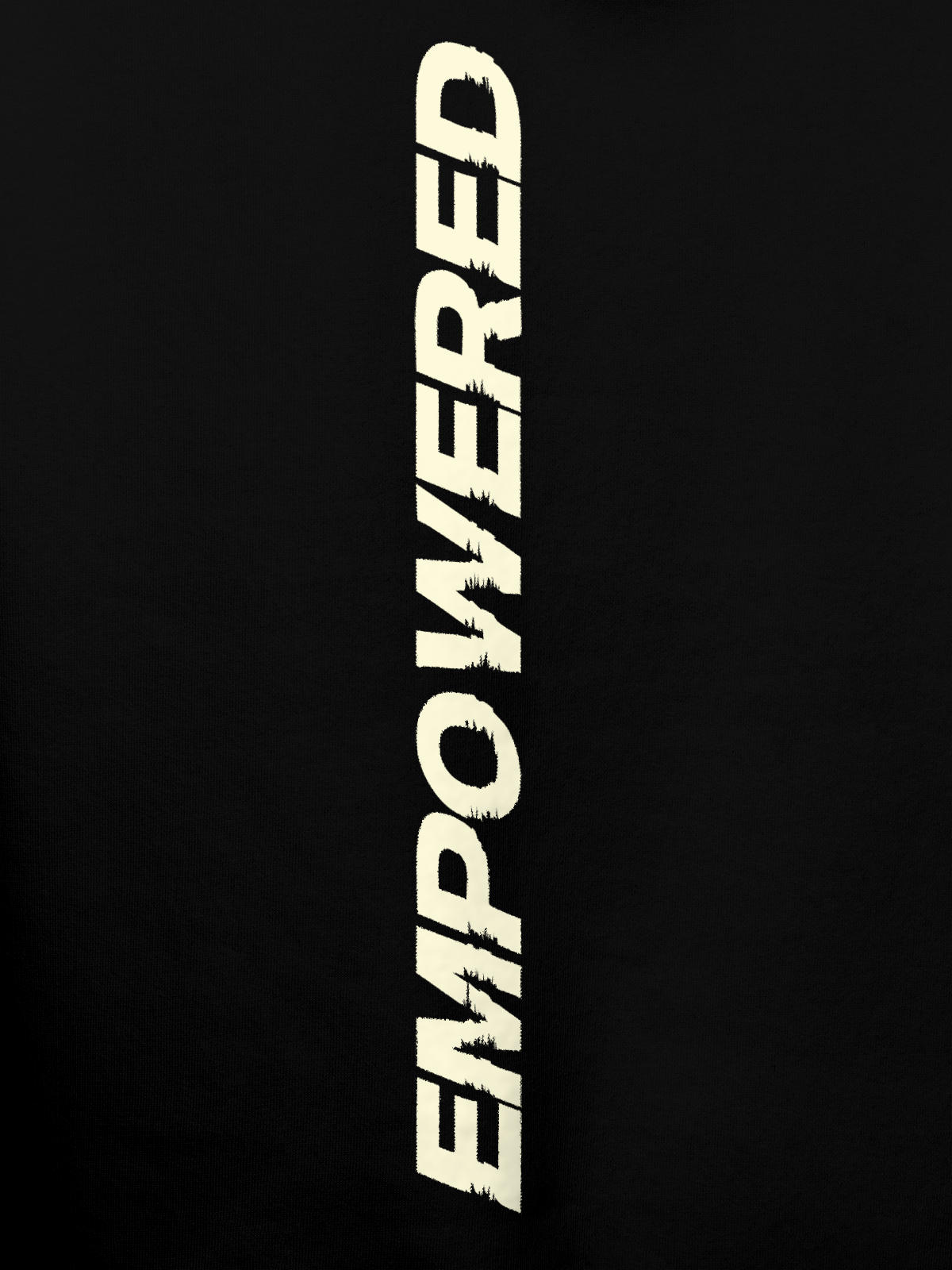 Close up of 'Empowered' design on Women's Black Hoodie Sweatshirt, highlighting intricate details and vibrant print.