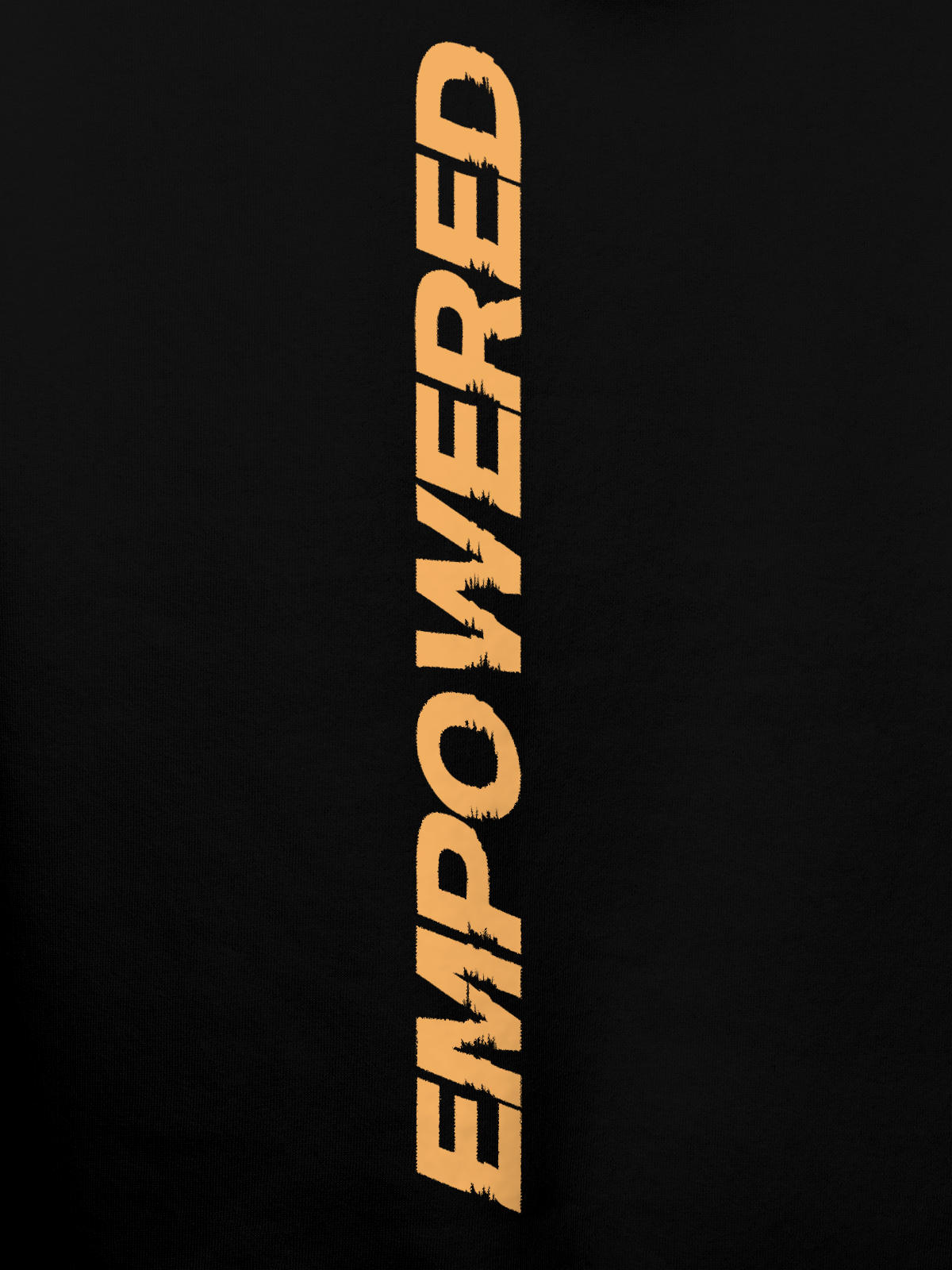 Close up of 'Empowered' design on Women's Black Hoodie Sweatshirt, highlighting intricate details and vibrant print.