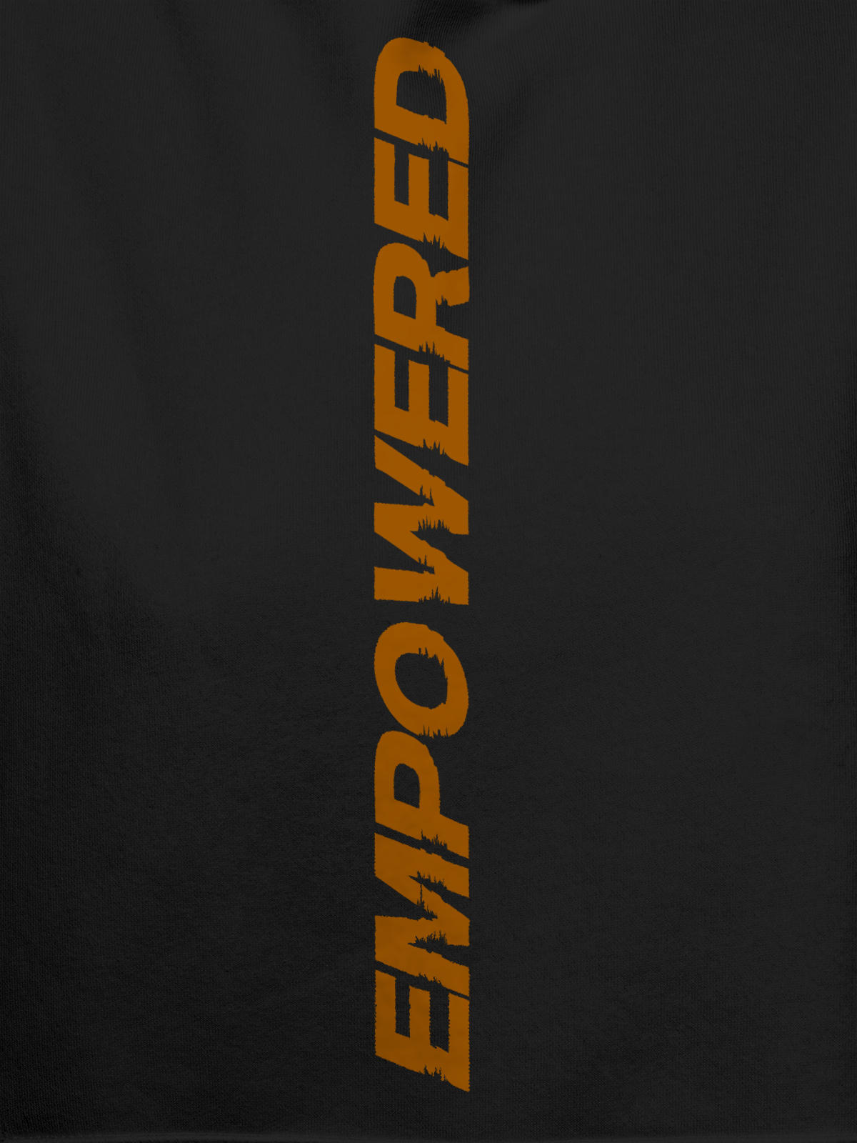 Close up of 'Empowered' design on Men's Dark Grey Hoodie Sweatshirt, highlighting intricate details and vibrant print.