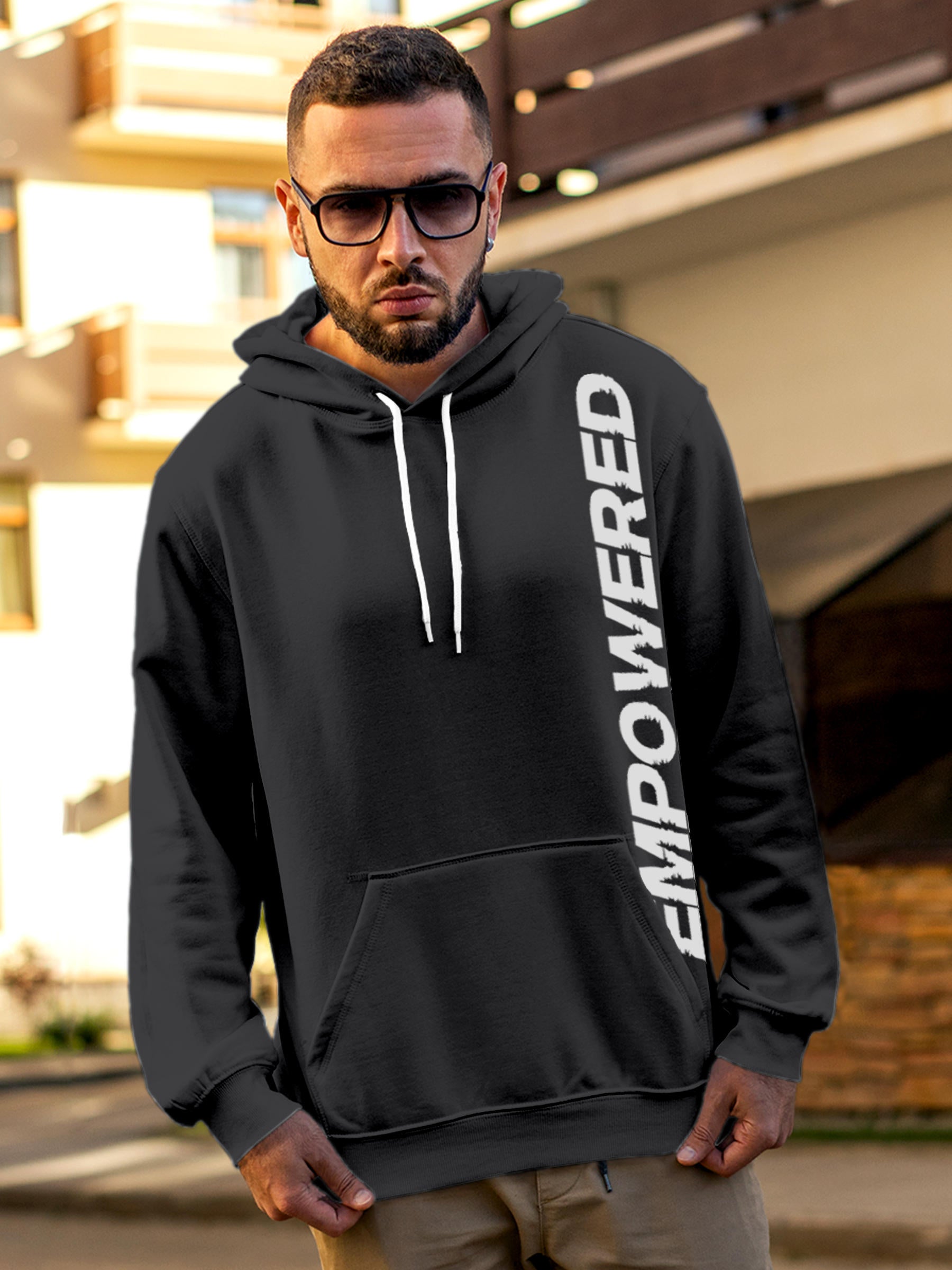 Model wearing Men's Dark Grey Hoodie Sweatshirt with 'Empowered' design, offering effortless style and premium comfort