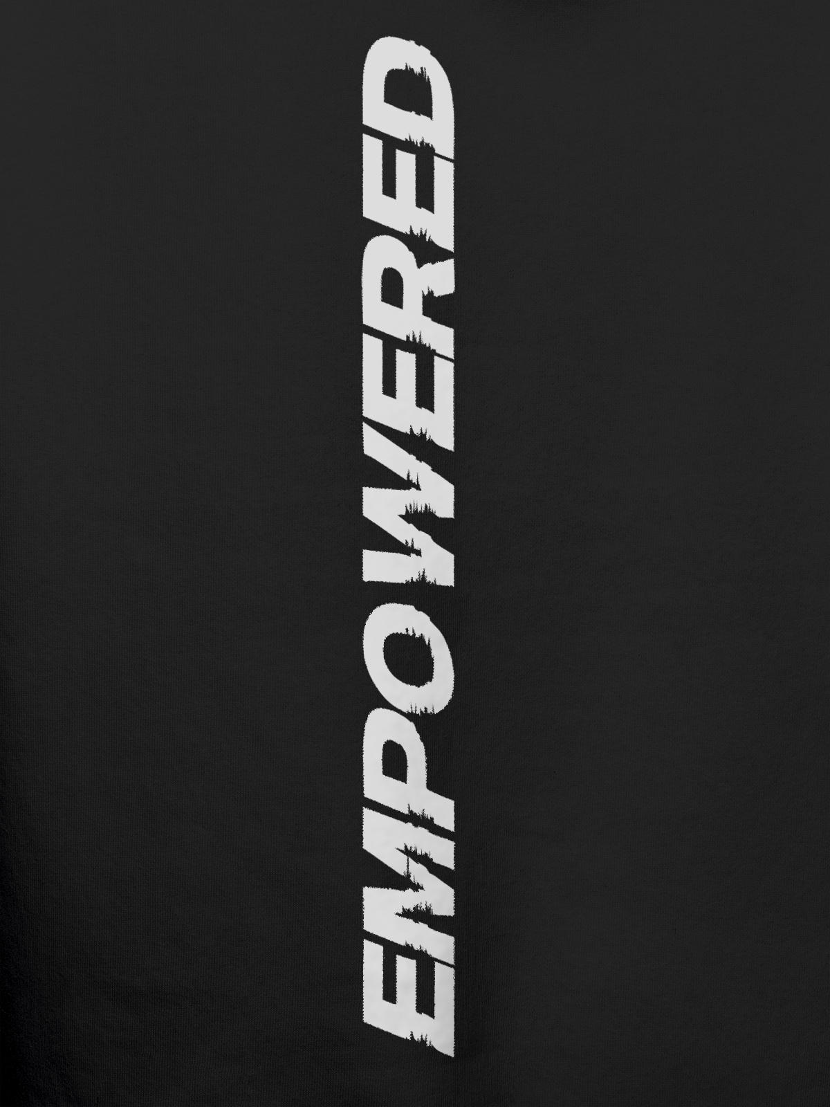 Close up of 'Empowered' design on Women's Dark Grey Hoodie Sweatshirt, highlighting intricate details and vibrant print.