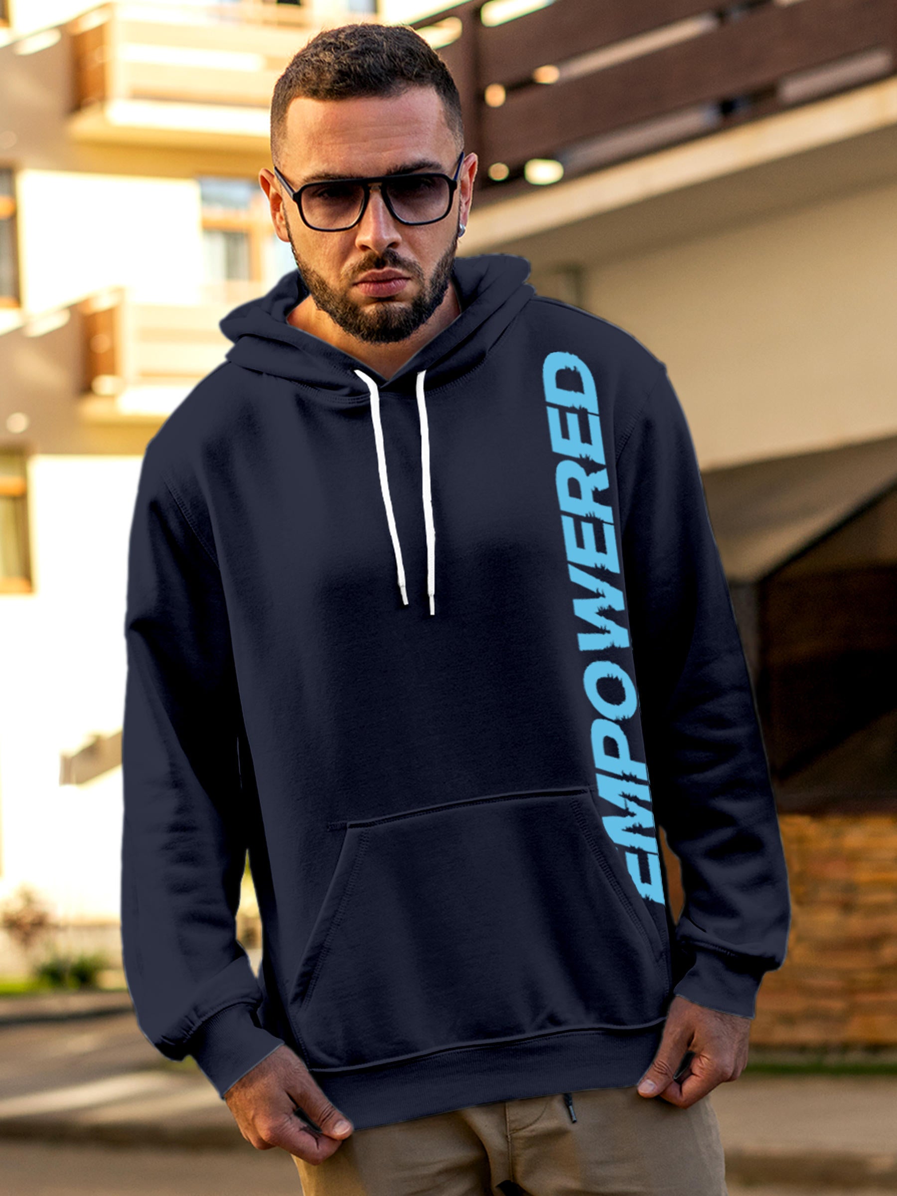 Model wearing Men's Navy Blue Hoodie Sweatshirt with 'Empowered' design, offering effortless style and premium comfort