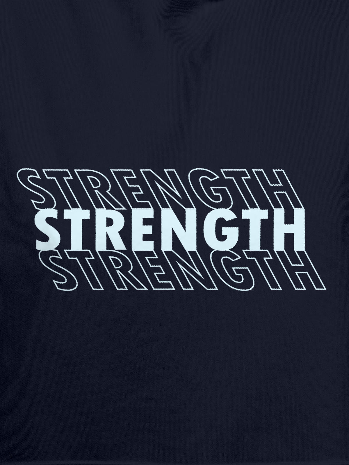 Close up of 'Strength' design on Women's Navy Blue Hoodie Sweatshirt, highlighting intricate details and vibrant print.