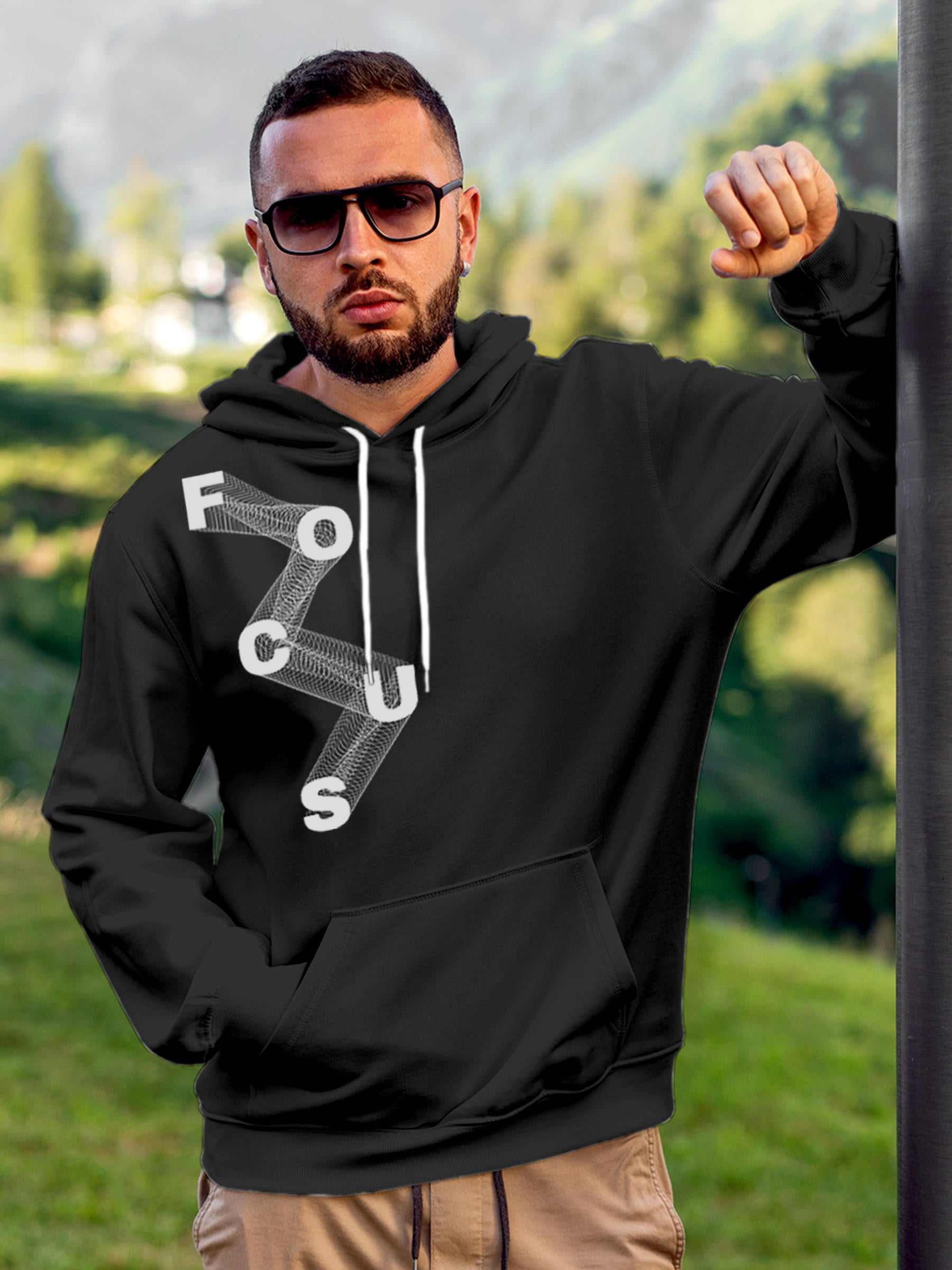 Model wearing Men's Dark Grey Hoodie Sweatshirt with 'Focus' design, offering effortless style and premium comfort