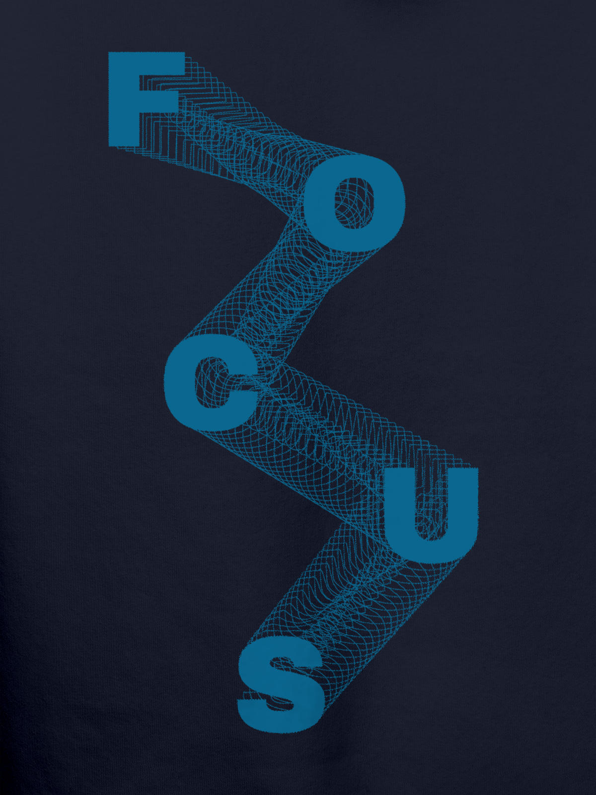 Close up of 'Focus' design on Men's Navy Blue Hoodie Sweatshirt, highlighting intricate details and vibrant print.
