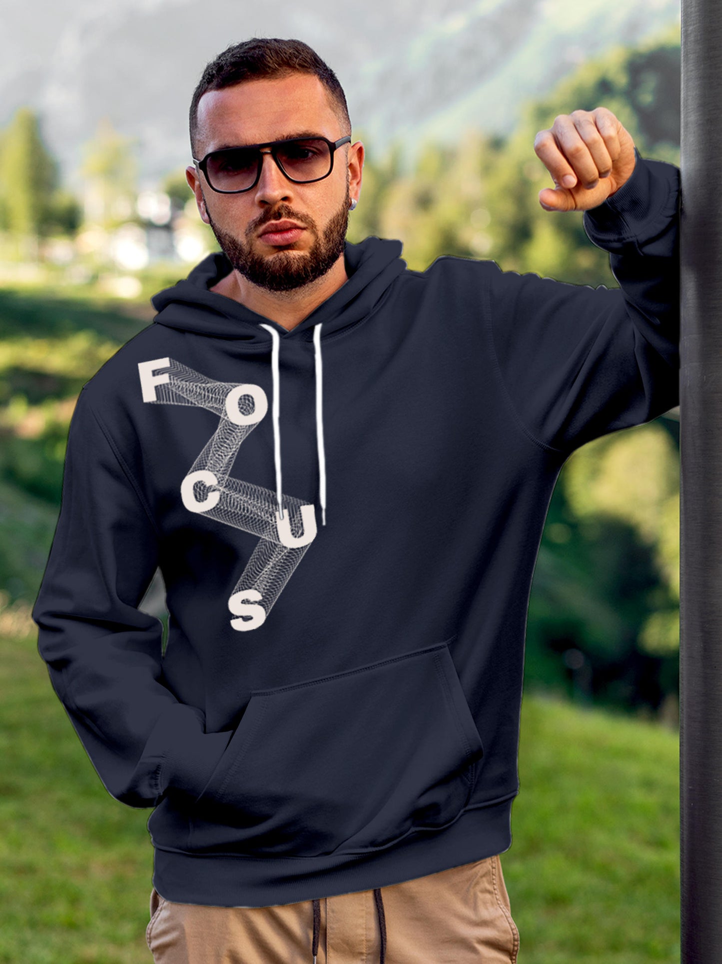Model wearing Men's Navy Blue Hoodie Sweatshirt with 'Focus' design, offering effortless style and premium comfort