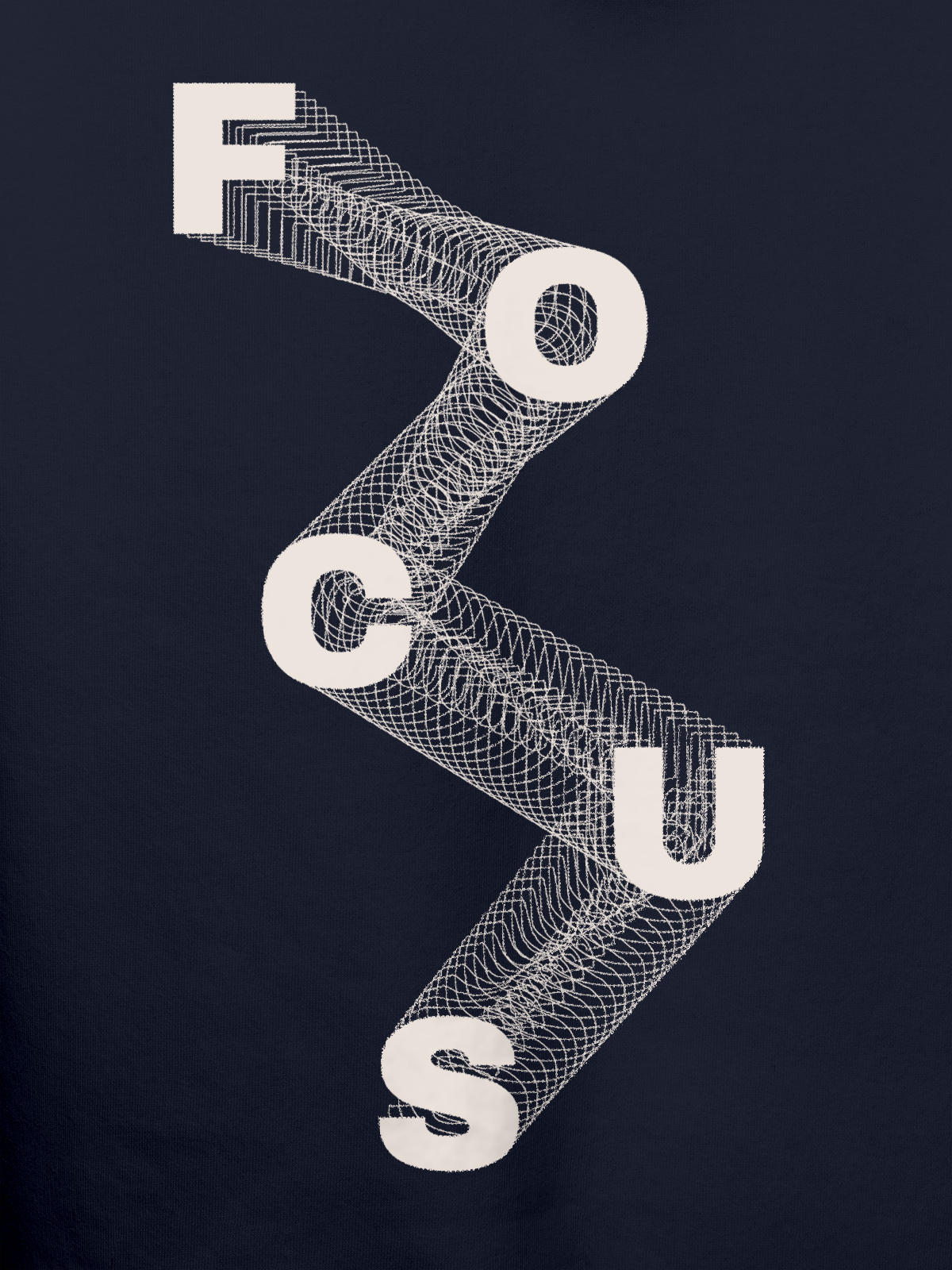 Close up of 'Focus' design on Men's Navy Blue Hoodie Sweatshirt, highlighting intricate details and vibrant print.