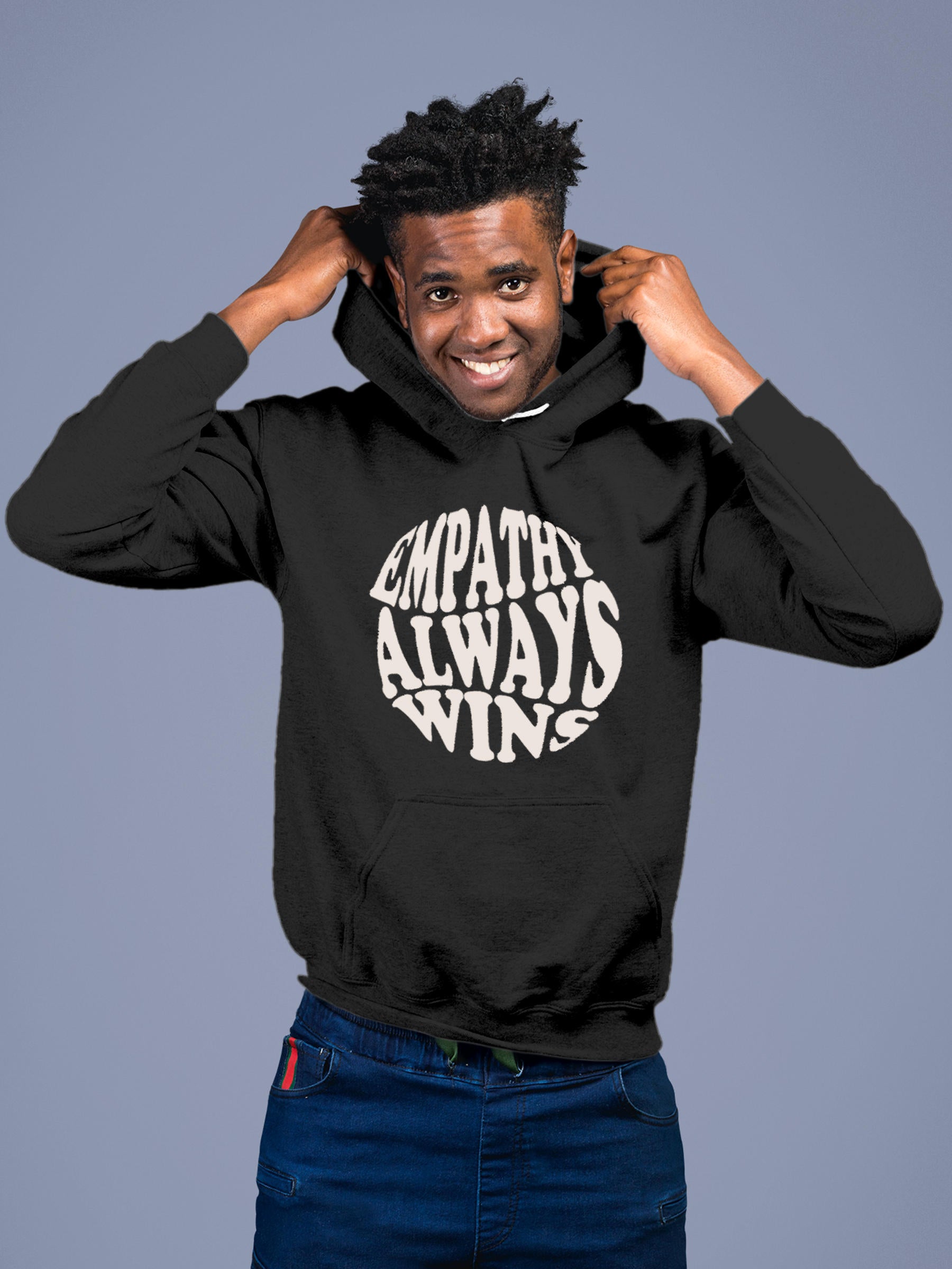 Model wearing Men's Dark Grey Hoodie Sweatshirt with 'Empathy Always Wins' design, offering effortless style and premium comfort
