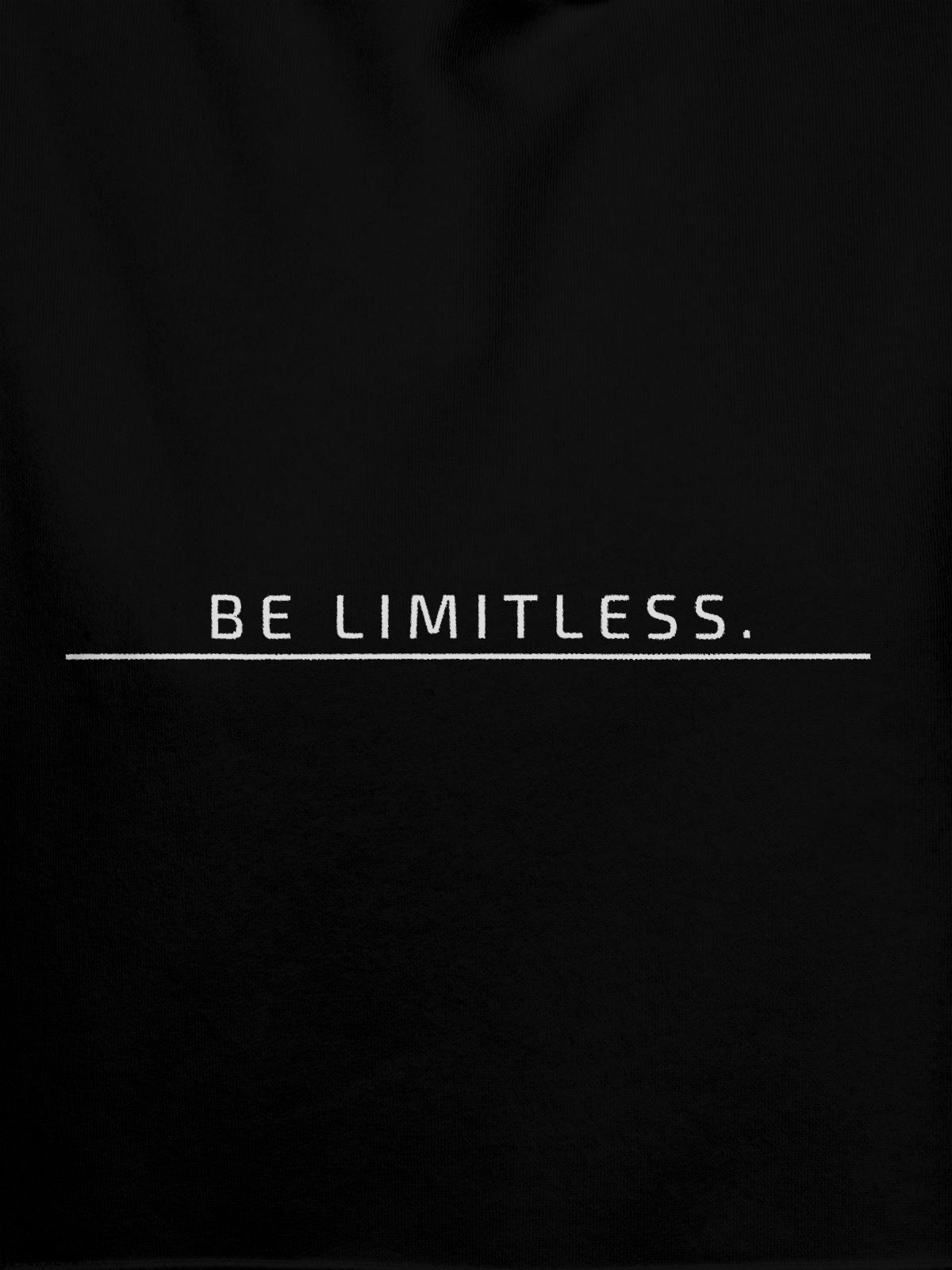 Close up of 'Be Limitless' design on Men's Black Hoodie Sweatshirt, highlighting intricate details and vibrant print.