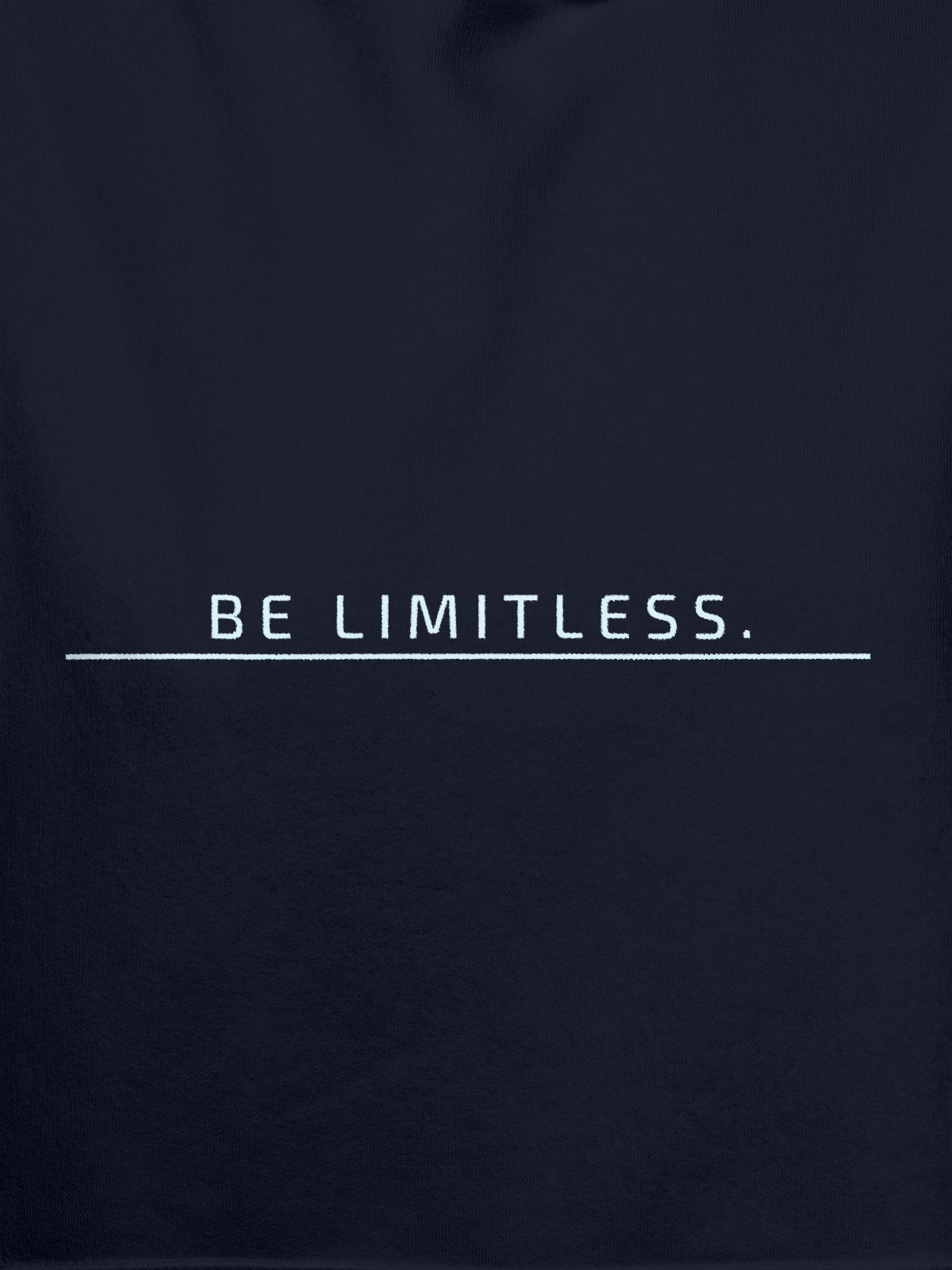 Close up of 'Be Limitless' design on Men's Navy Blue Hoodie Sweatshirt, highlighting intricate details and vibrant print.