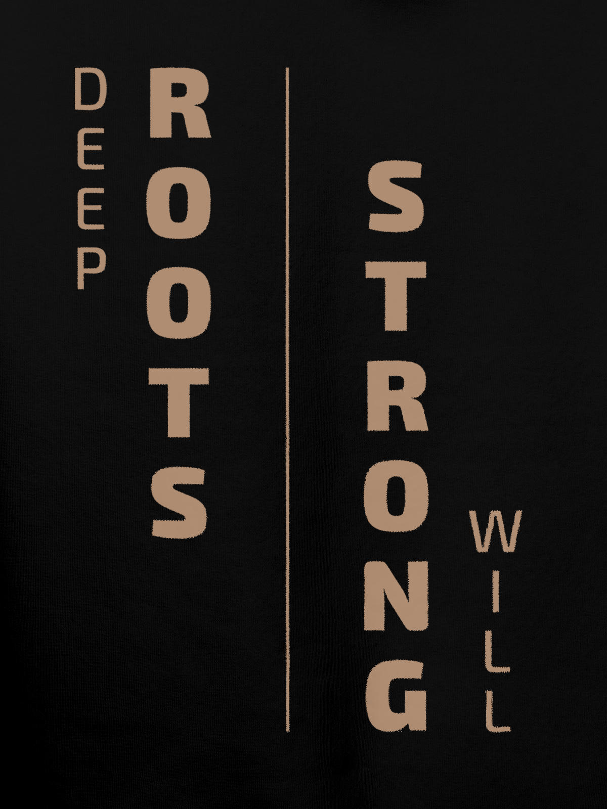 Close up of 'Deep Roots Strong Will' design on Men's Black Hoodie Sweatshirt, highlighting intricate details and vibrant print.