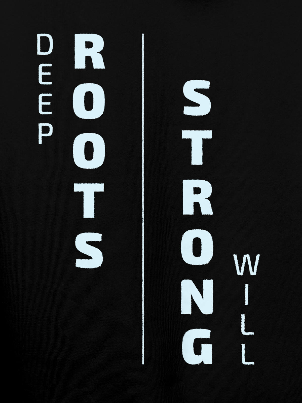 Close up of 'Deep Roots Strong Will' design on Men's Black Hoodie Sweatshirt, highlighting intricate details and vibrant print.
