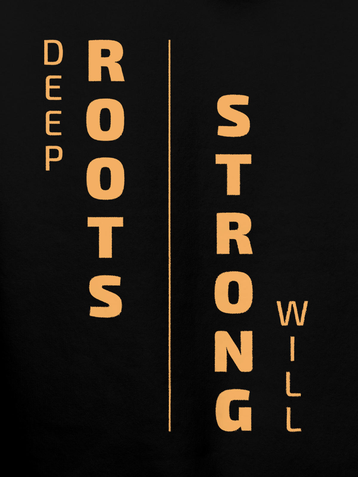 Close up of 'Deep Roots Strong Will' design on Men's Black Hoodie Sweatshirt, highlighting intricate details and vibrant print.