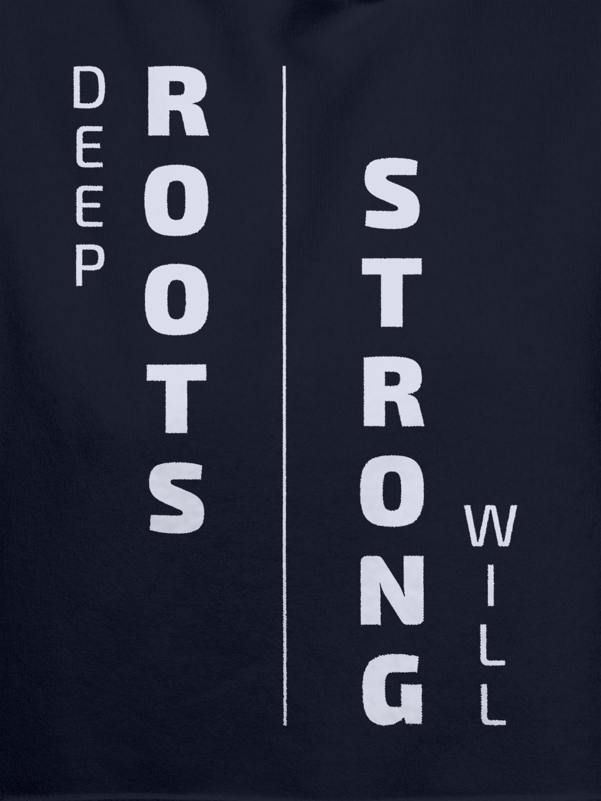 Close up of 'Deep Roots Strong Will' design on Women's Navy Blue Hoodie Sweatshirt, highlighting intricate details and vibrant print.