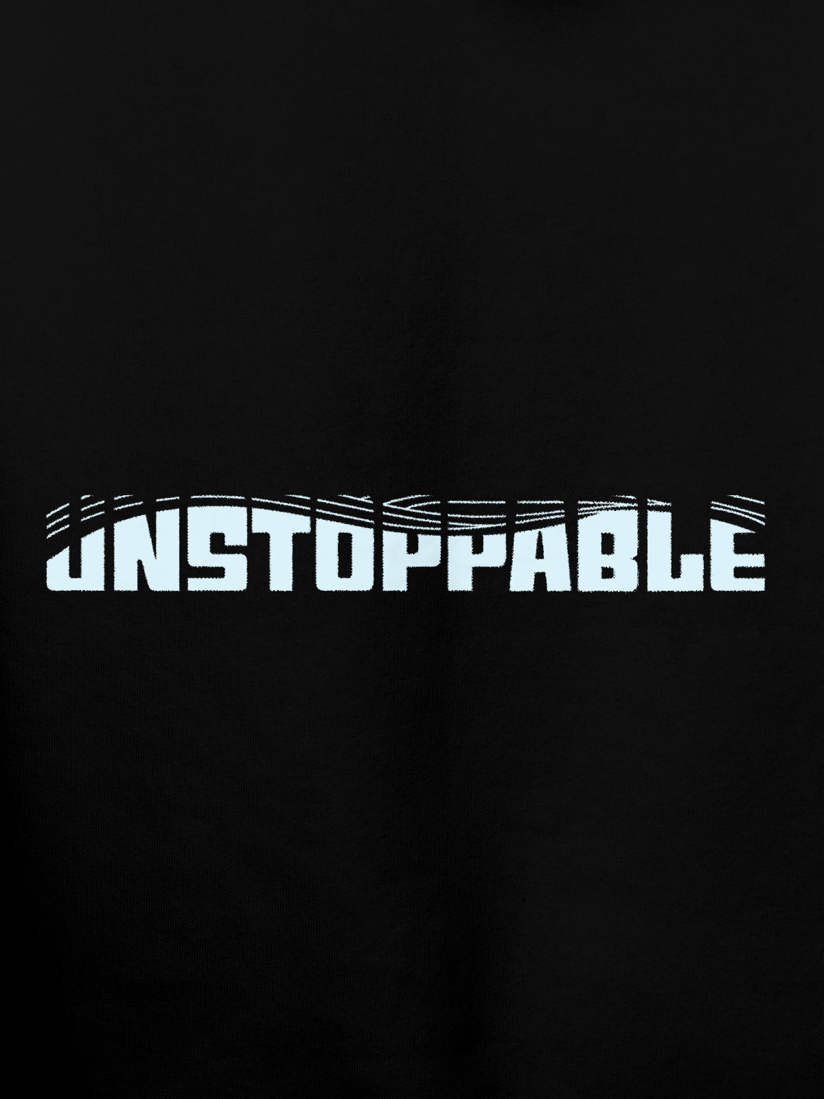 Close up of 'Unstoppable' design on Men's Black Hoodie Sweatshirt, highlighting intricate details and vibrant print.