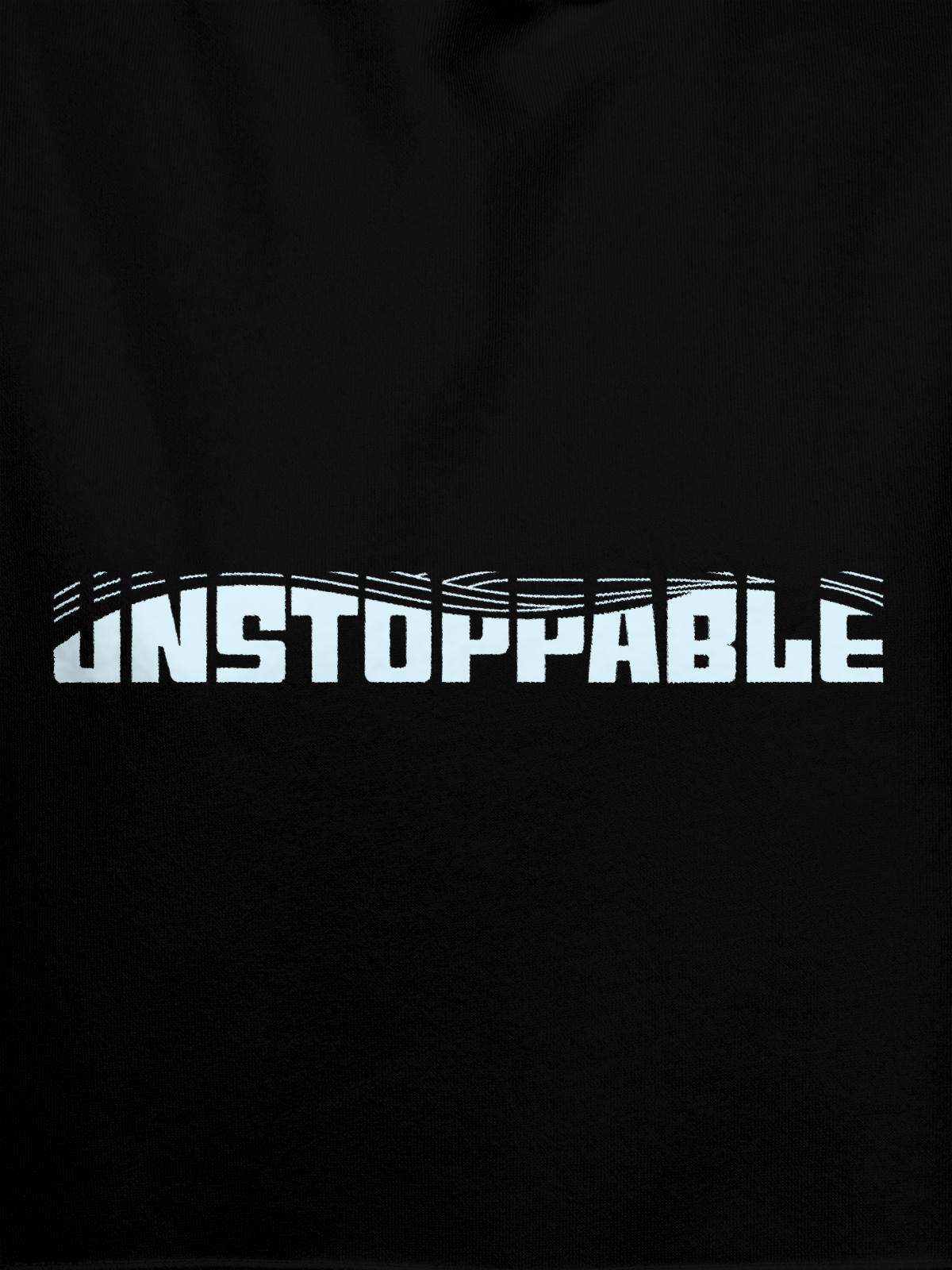 Close up of 'Unstoppable' design on Women's Black Hoodie Sweatshirt, highlighting intricate details and vibrant print.