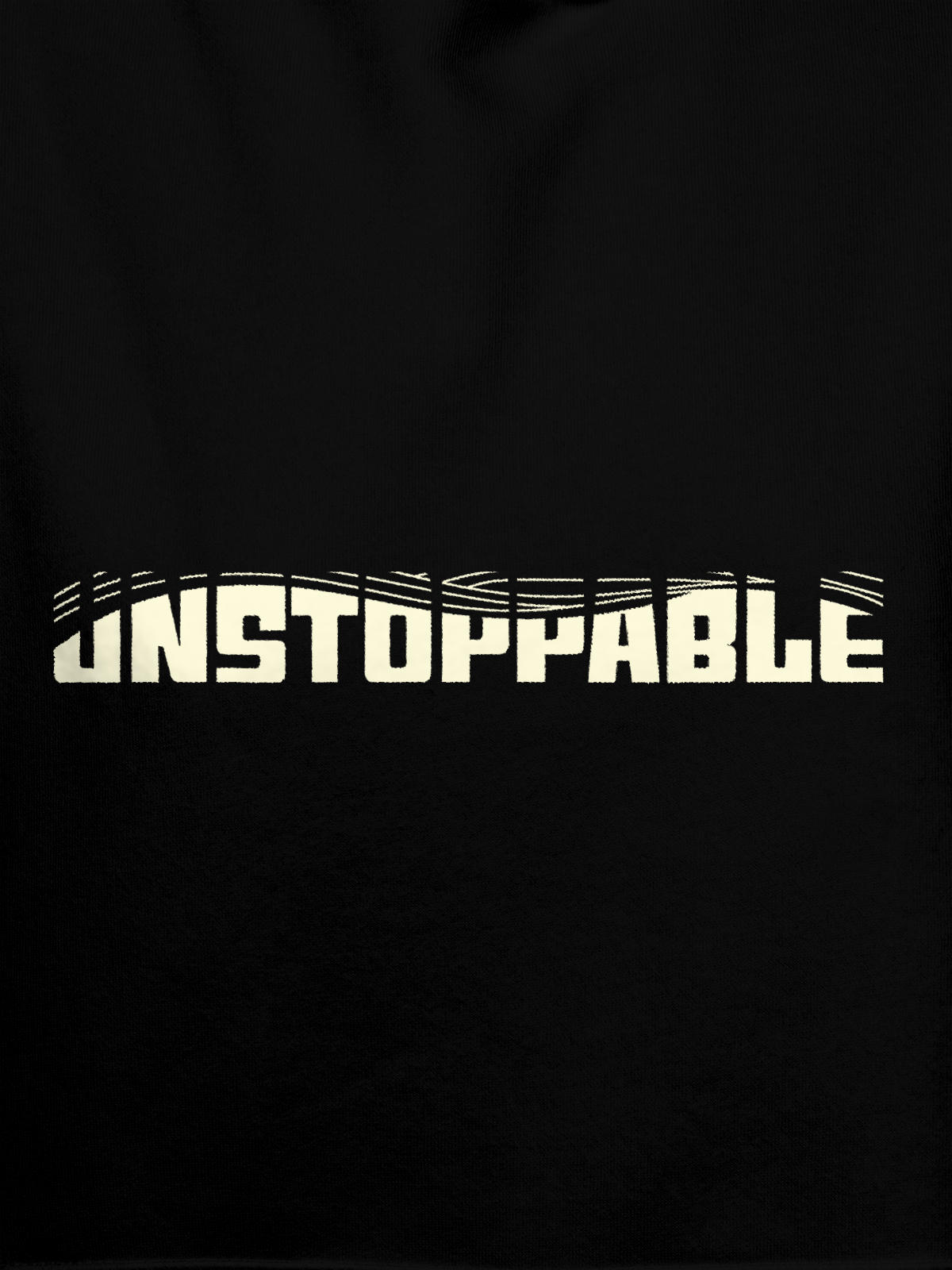 Close up of 'Unstoppable' design on Women's Black Hoodie Sweatshirt, highlighting intricate details and vibrant print.
