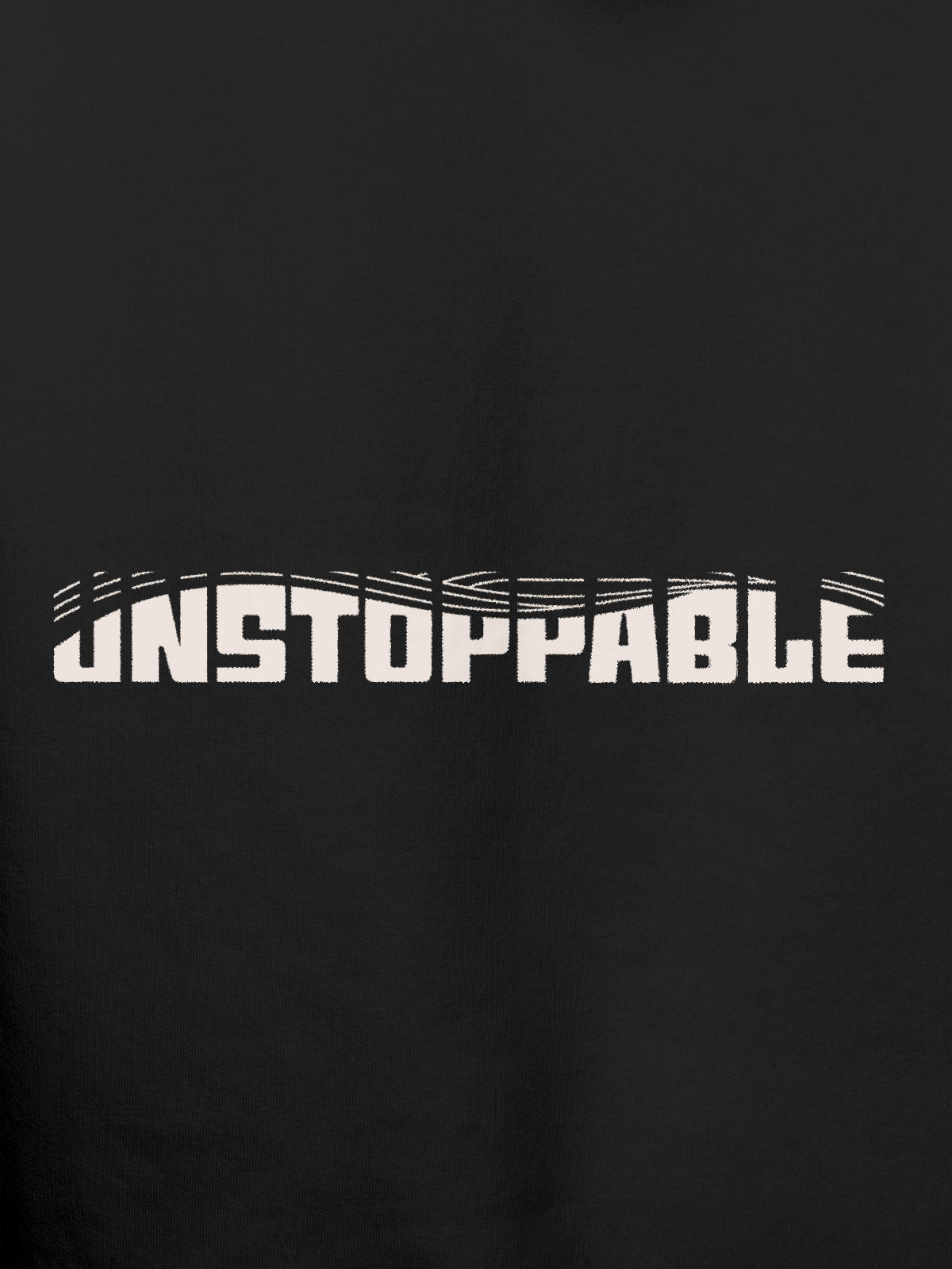 Close up of 'Unstoppable' design on Men's Dark Grey Hoodie Sweatshirt, highlighting intricate details and vibrant print.