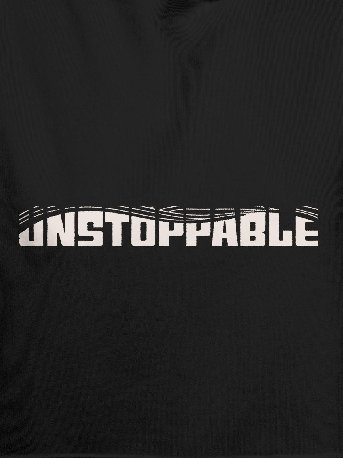 Close up of 'Unstoppable' design on Women's Dark Grey Hoodie Sweatshirt, highlighting intricate details and vibrant print.